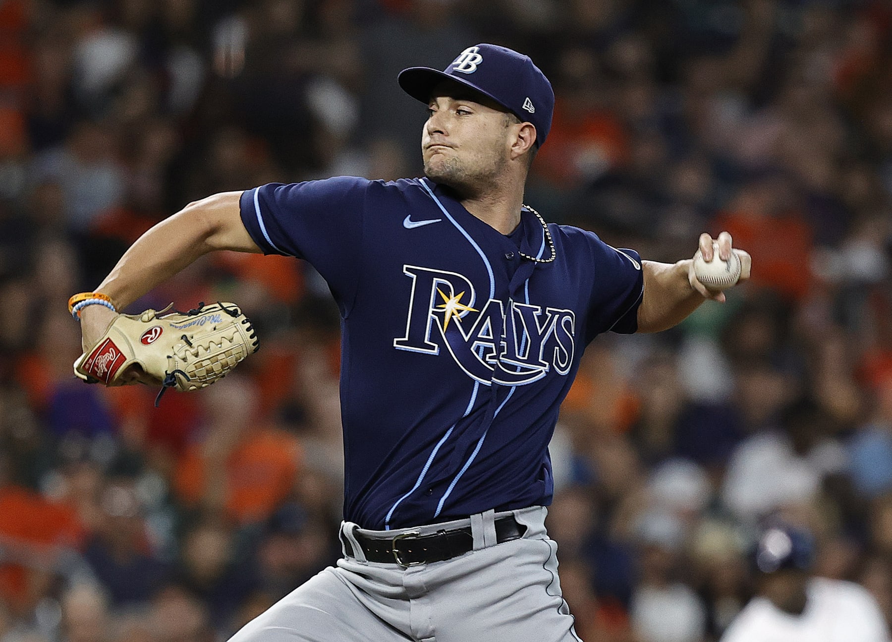 HOUSTON, TEXAS - OCTOBER 01: Shane McClanahan #18 of the Tampa Bay Rays pitches in the first inning against the Houston Astros at Minute Maid Park on October 01, 2022 in Houston, Texas. (Photo by Bob Levey/Getty Images)