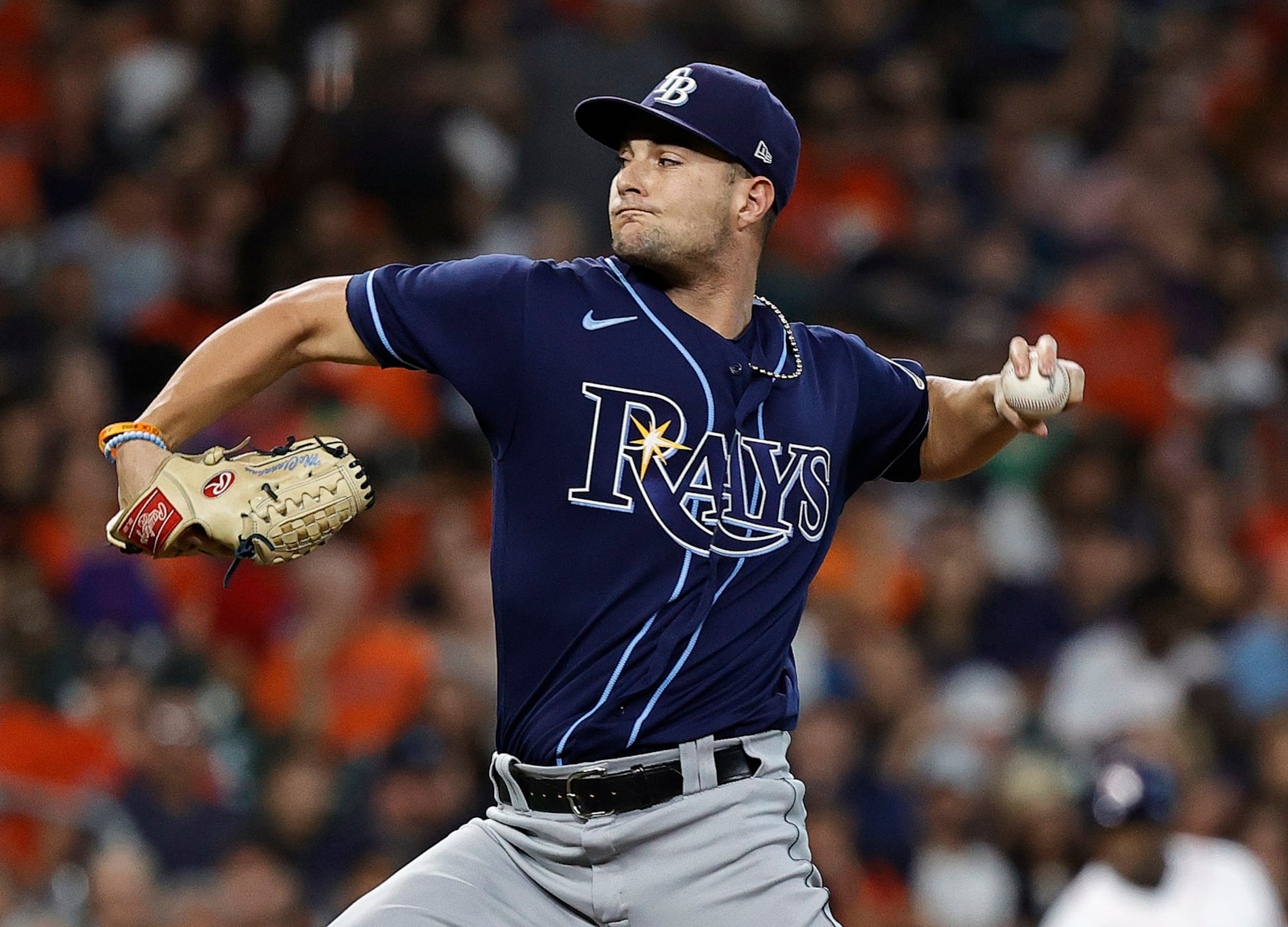 HOUSTON, TEXAS - OCTOBER 01: Shane McClanahan #18 of the Tampa Bay Rays pitches in the first inning against the Houston Astros at Minute Maid Park on October 01, 2022 in Houston, Texas. (Photo by Bob Levey/Getty Images)