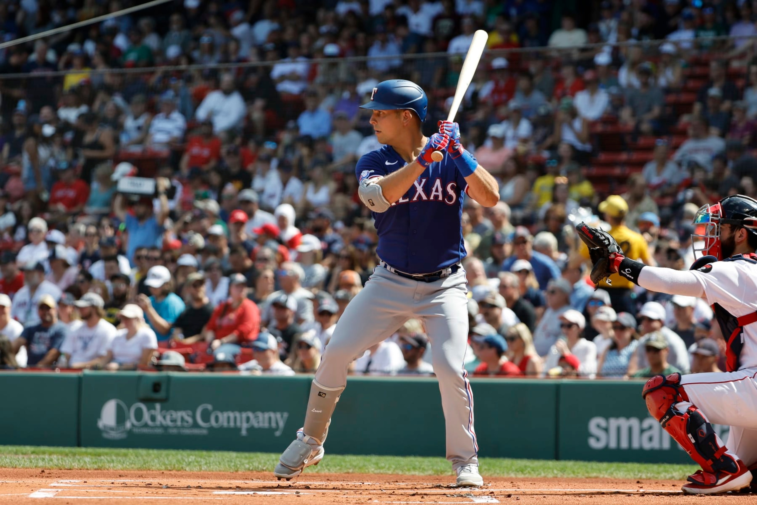 BOSTON, MA - SEPTEMBER 4: Nathaniel Lowe #30 of the Texas Rangers at bat against the Boston Red Sox during the first inning at Fenway Park on September 4, 2022 in Boston, Massachusetts. (Photo By Winslow Townson/Getty Images)