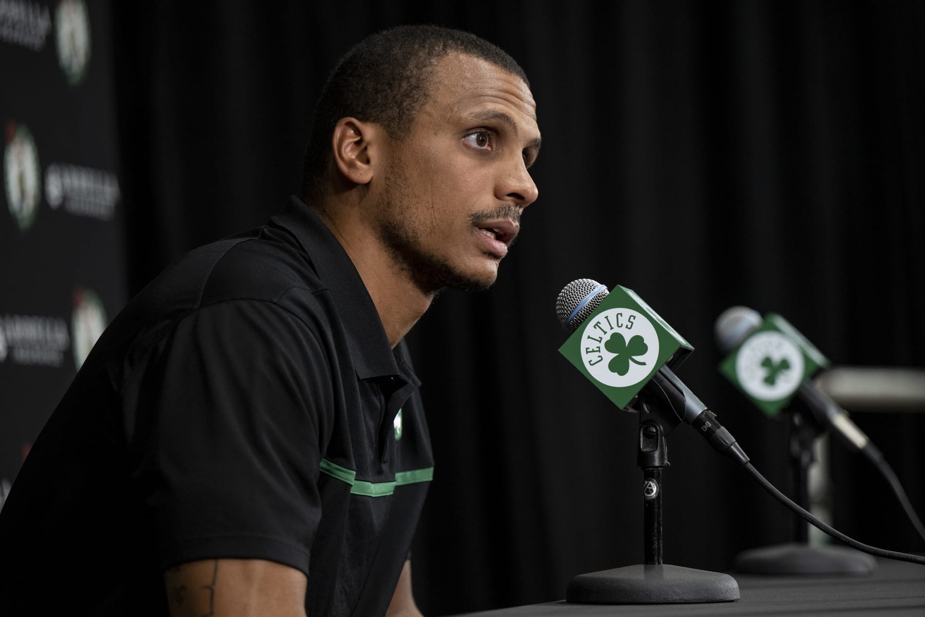 CANTON, MA - SEPTEMBER 26: Interim head coach Joe Mazzulla of the Boston Celtics takes questions from reporters during Boston Celtics Media Day at High Output Studios on September 26, 2022 in Canton, Massachusetts. NOTE TO USER: User expressly acknowledges and agrees that, by downloading and/or using this photograph, user is consenting to the terms and conditions of the Getty Images License Agreement. (Photo by Maddie Malhotra/Getty Images)
