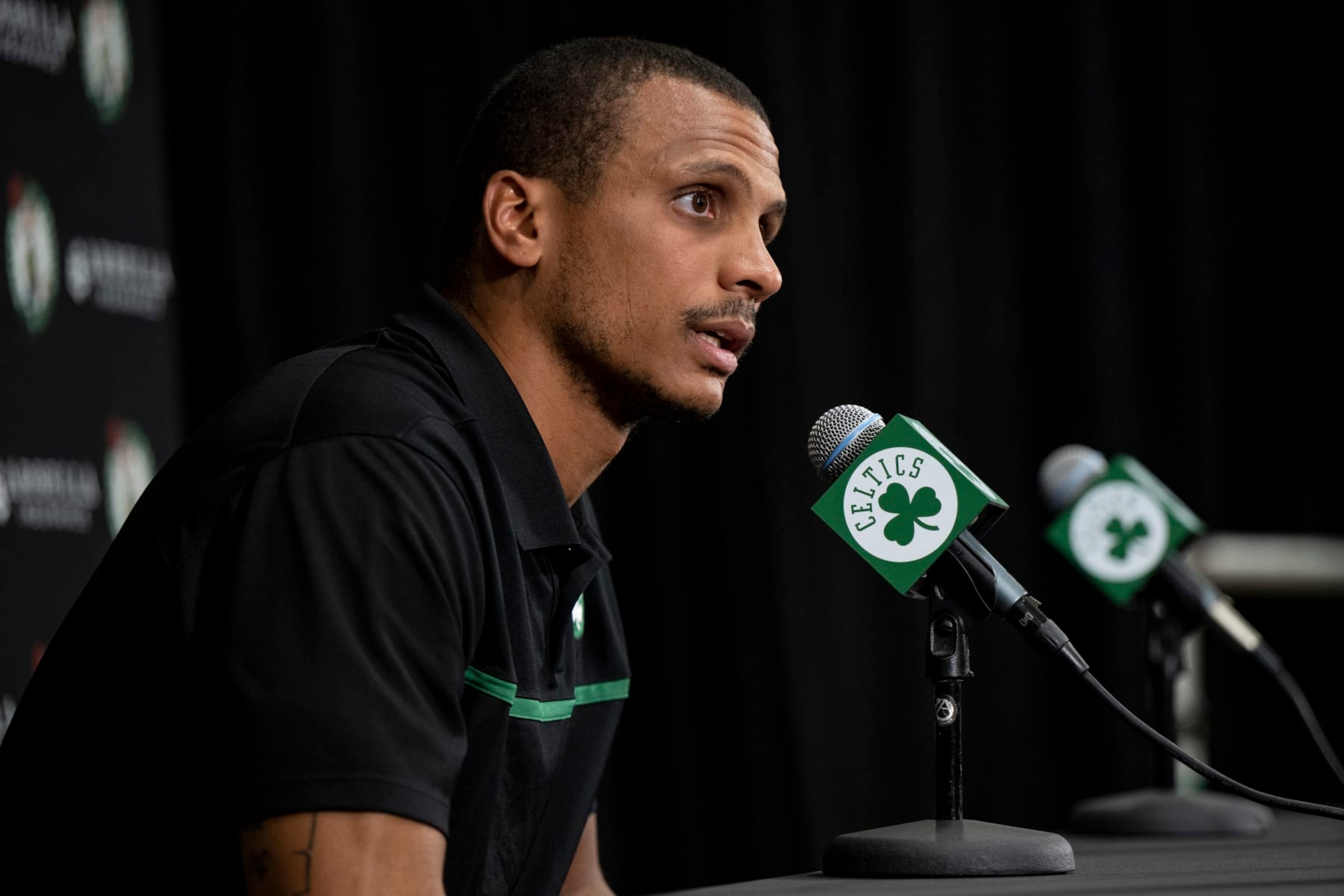 CANTON, MA - SEPTEMBER 26: Interim head coach Joe Mazzulla of the Boston Celtics takes questions from reporters during Boston Celtics Media Day at High Output Studios on September 26, 2022 in Canton, Massachusetts. NOTE TO USER: User expressly acknowledges and agrees that, by downloading and/or using this photograph, user is consenting to the terms and conditions of the Getty Images License Agreement. (Photo by Maddie Malhotra/Getty Images)