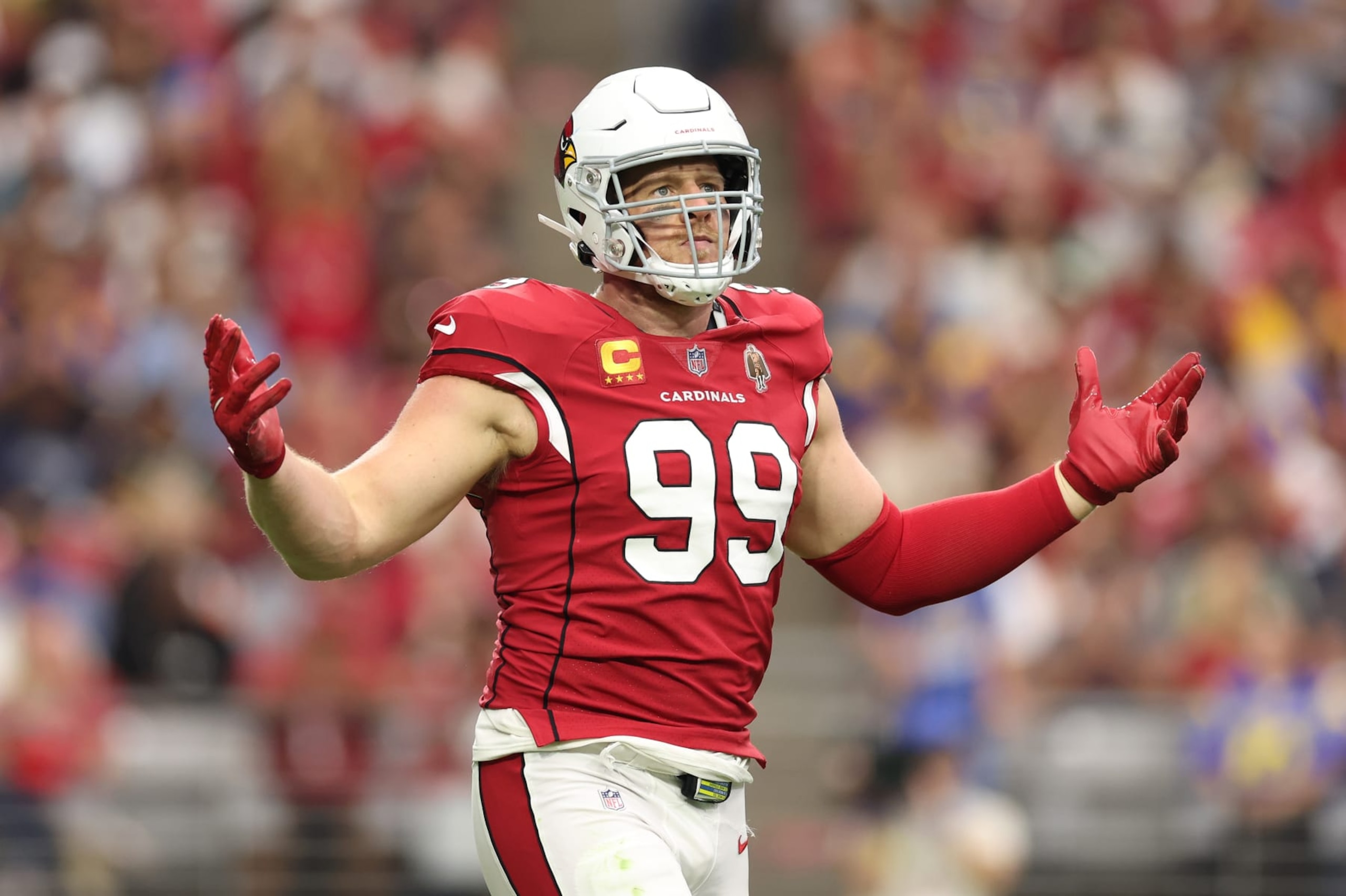 GLENDALE, ARIZONA - SEPTEMBER 25: Defensive end J.J. Watt #99 of the Arizona Cardinals reacts after a sack in the first quarter of the game against the Los Angeles Rams at State Farm Stadium on September 25, 2022 in Glendale, Arizona. (Photo by Christian Petersen/Getty Images) GLENDALE, ARIZONA - SEPTEMBER 25: Defensive end J.J. Watt #99 of the Arizona Cardinals reacts after a sack in the first quarter of the game against the Los Angeles Rams at State Farm Stadium on September 25, 2022 in Glendale, Arizona. (Photo by Christian Petersen/Getty Images)