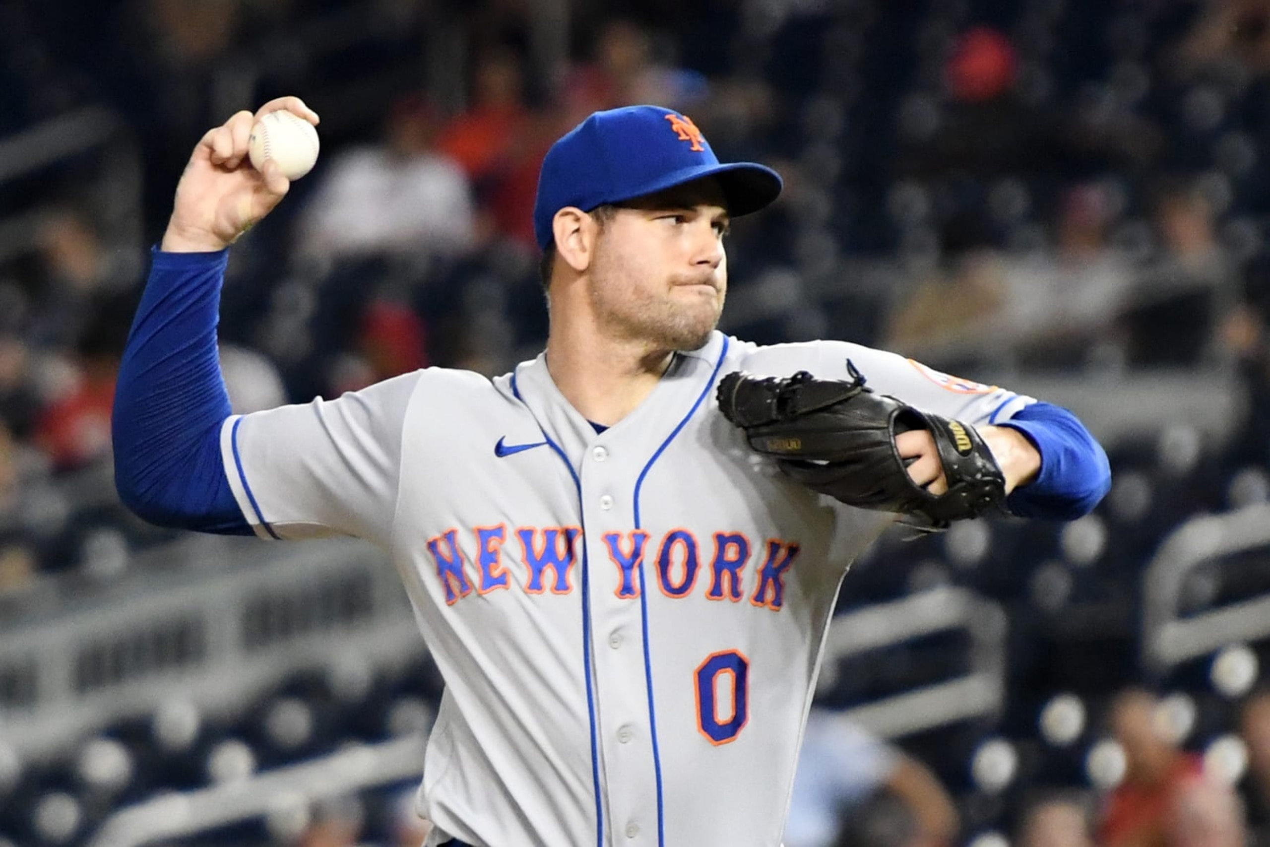 WASHINGTON, DC - AUGUST 01:  Adam Ottavino #0 of the New York Mets pitches during a baseball game against the Washington Nationals at Nationals Park on August 1, 2022 in Washington, DC.  (Photo by Mitchell Layton/Getty Images)