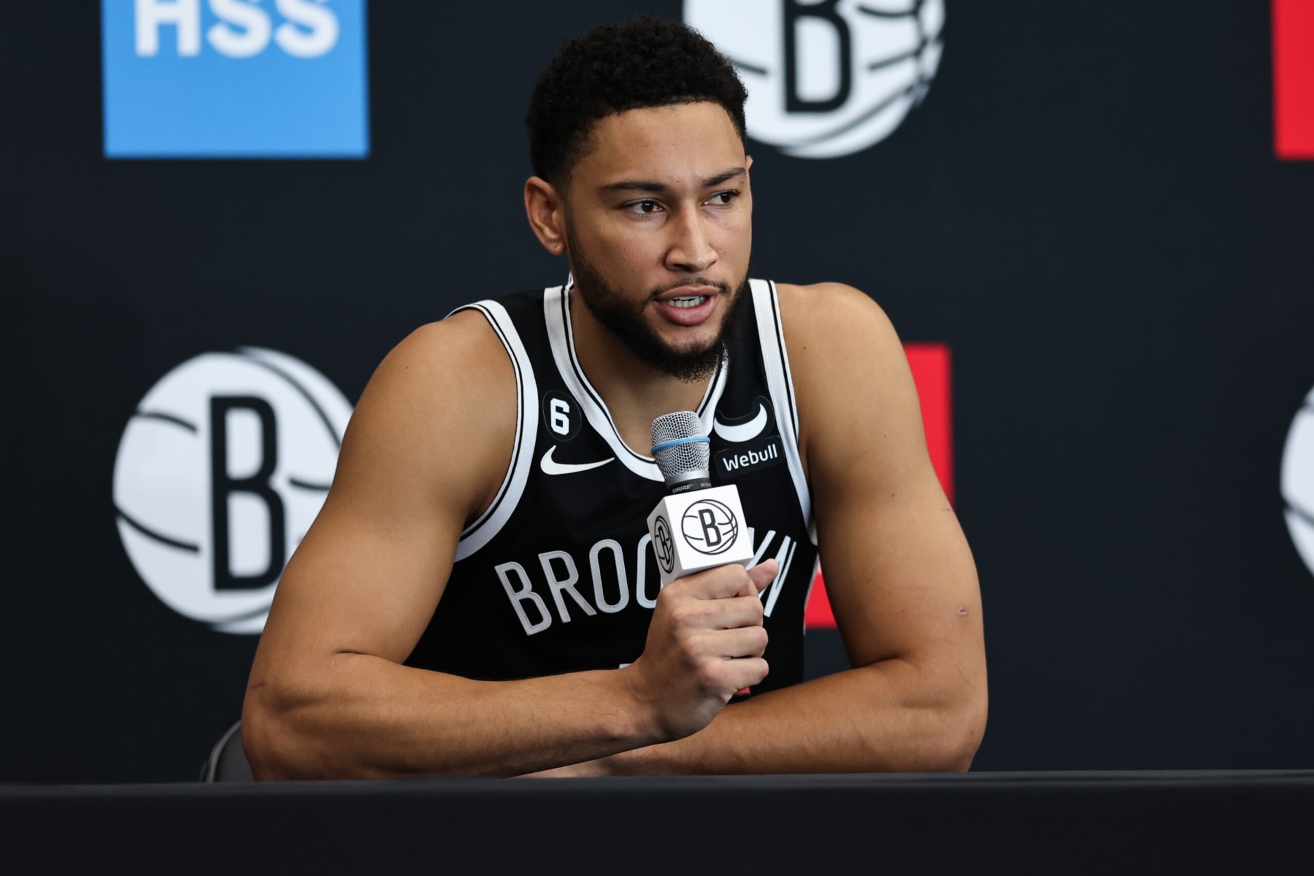 NEW YORK, NEW YORK - SEPTEMBER 26: Ben Simmons #10 of the Brooklyn Nets speaks at the podium during a press conference at Brooklyn Nets Media Day at HSS Training Center on September 26, 2022 in the Brooklyn borough of New York City. NOTE TO USER: User expressly acknowledges and agrees that, by downloading and/or using this photograph, User is consenting to the terms and conditions of the Getty Images License Agreement. (Photo by Dustin Satloff/Getty Images)