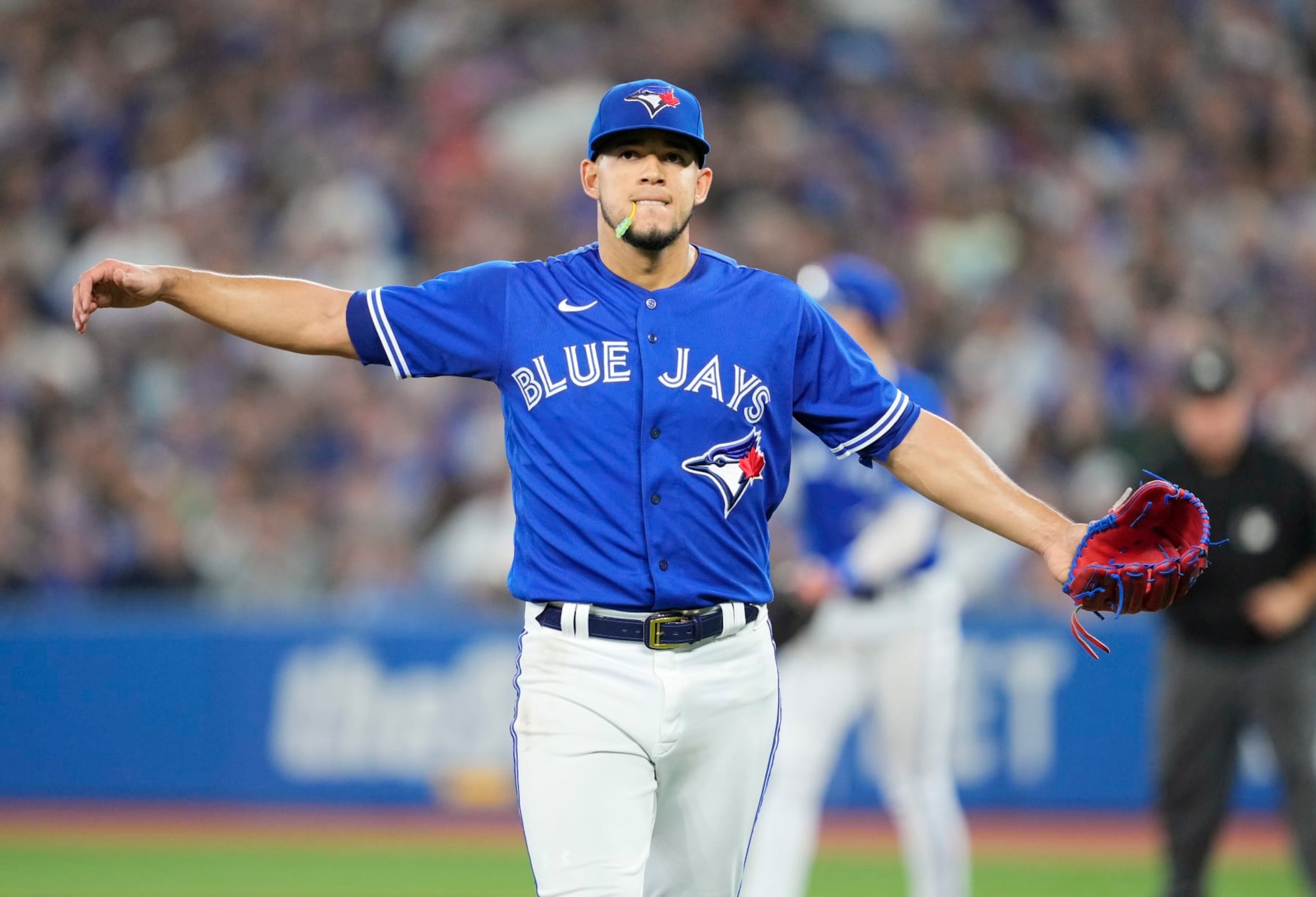 TORONTO, ON - SEPTEMBER 27: Jose Berrios #17 of the Toronto Blue Jays reacts against the against the New York Yankees in the fifth inning during their MLB game at the Rogers Centre on September 27, 2022 in Toronto, Ontario, Canada. (Photo by Mark Blinch/Getty Images)