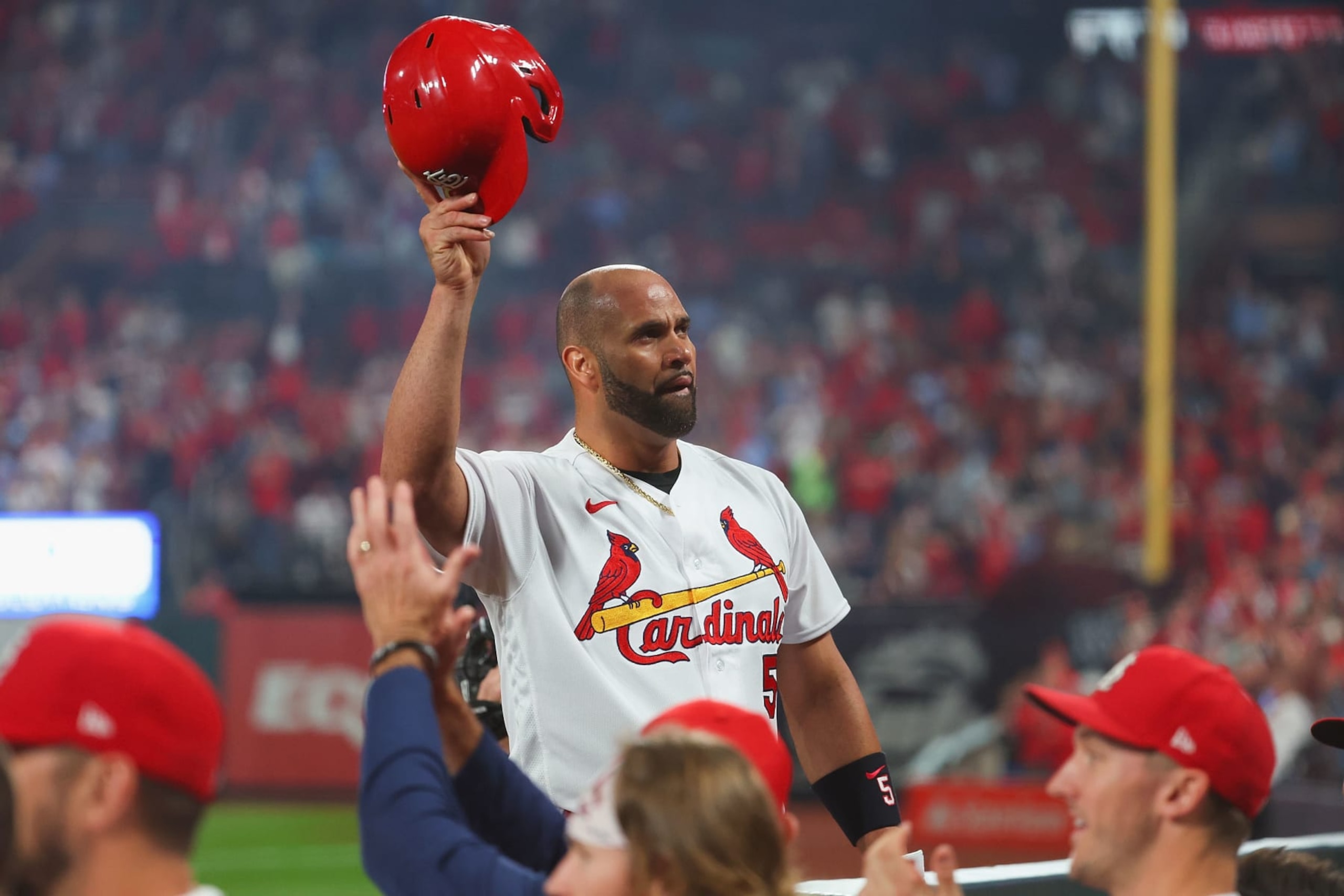 ST LOUIS, MO - SEPTEMBER 30: Albert Pujols #5 of the St. Louis Cardinals takes a curtain call after hitting his 701st career home run while playing against the Pittsburgh Pirates in the fourth inning at Busch Stadium on September 30, 2022 in St Louis, Missouri. (Photo by Dilip Vishwanat/Getty Images)