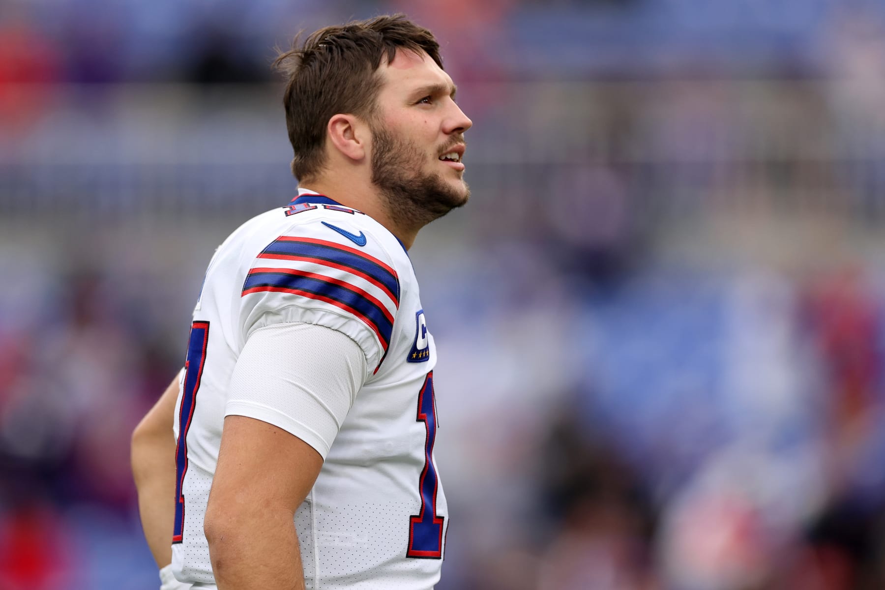 BALTIMORE, MARYLAND - OCTOBER 02: Josh Allen #17 of the Buffalo Bills looks on before the game against the Baltimore Ravens at M&T Bank Stadium on October 02, 2022 in Baltimore, Maryland. (Photo by Patrick Smith/Getty Images)