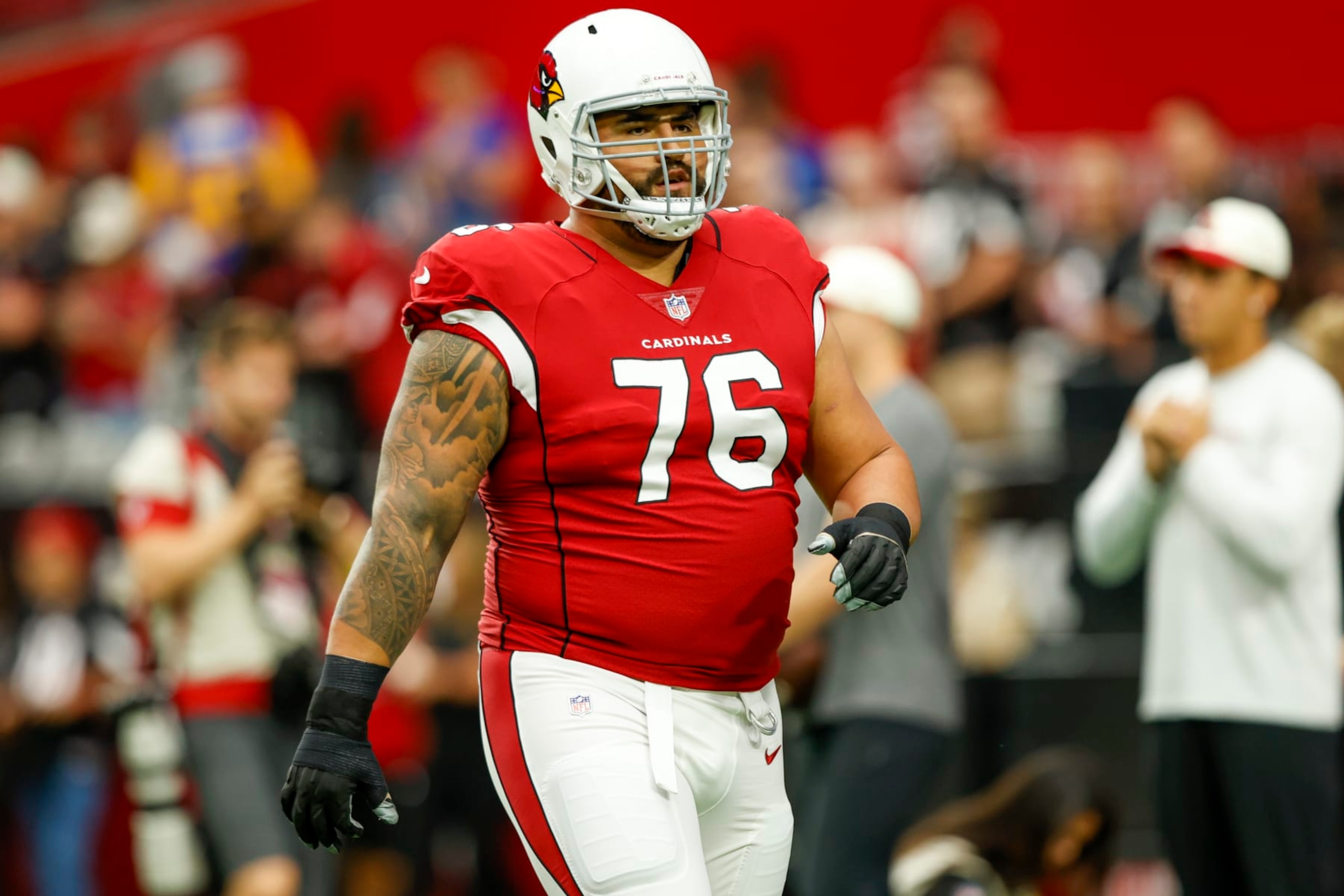 PHOENIX, AZ - SEPTEMBER 25: Arizona Cardinals guard Will Hernandez (76) during the NFL game between the Los Angeles Rams and the Arizona Cardinals on September 25, 2022, at State Farm Stadium in Glendale, AZ. (Photo by Jordon Kelly/Icon Sportswire via Getty Images)