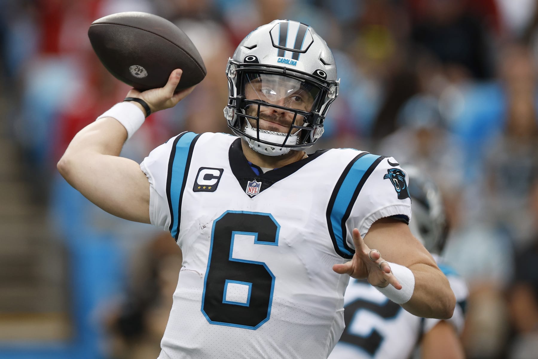 CHARLOTTE, NORTH CAROLINA - OCTOBER 02: Baker Mayfield #6 of the Carolina Panthers looks for a pass against the Arizona Cardinals during the first quarter at Bank of America Stadium on October 02, 2022 in Charlotte, North Carolina. (Photo by Jared C. Tilton/Getty Images)