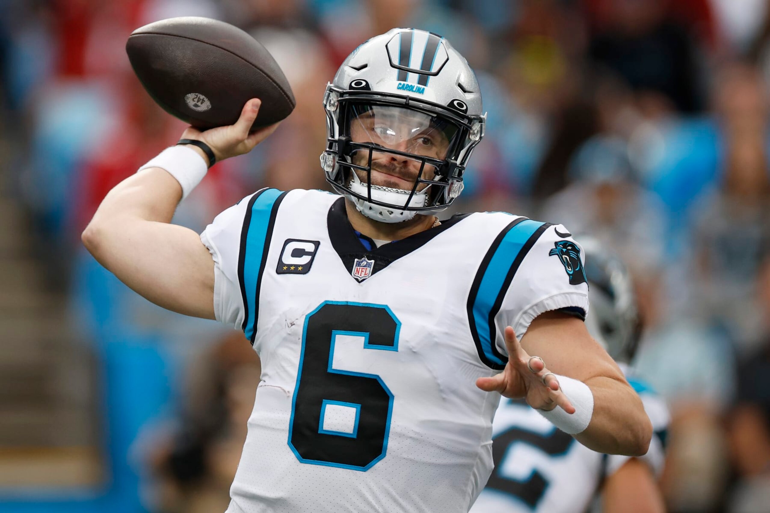 CHARLOTTE, NORTH CAROLINA - OCTOBER 02: Baker Mayfield #6 of the Carolina Panthers looks for a pass against the Arizona Cardinals during the first quarter at Bank of America Stadium on October 02, 2022 in Charlotte, North Carolina. (Photo by Jared C. Tilton/Getty Images)