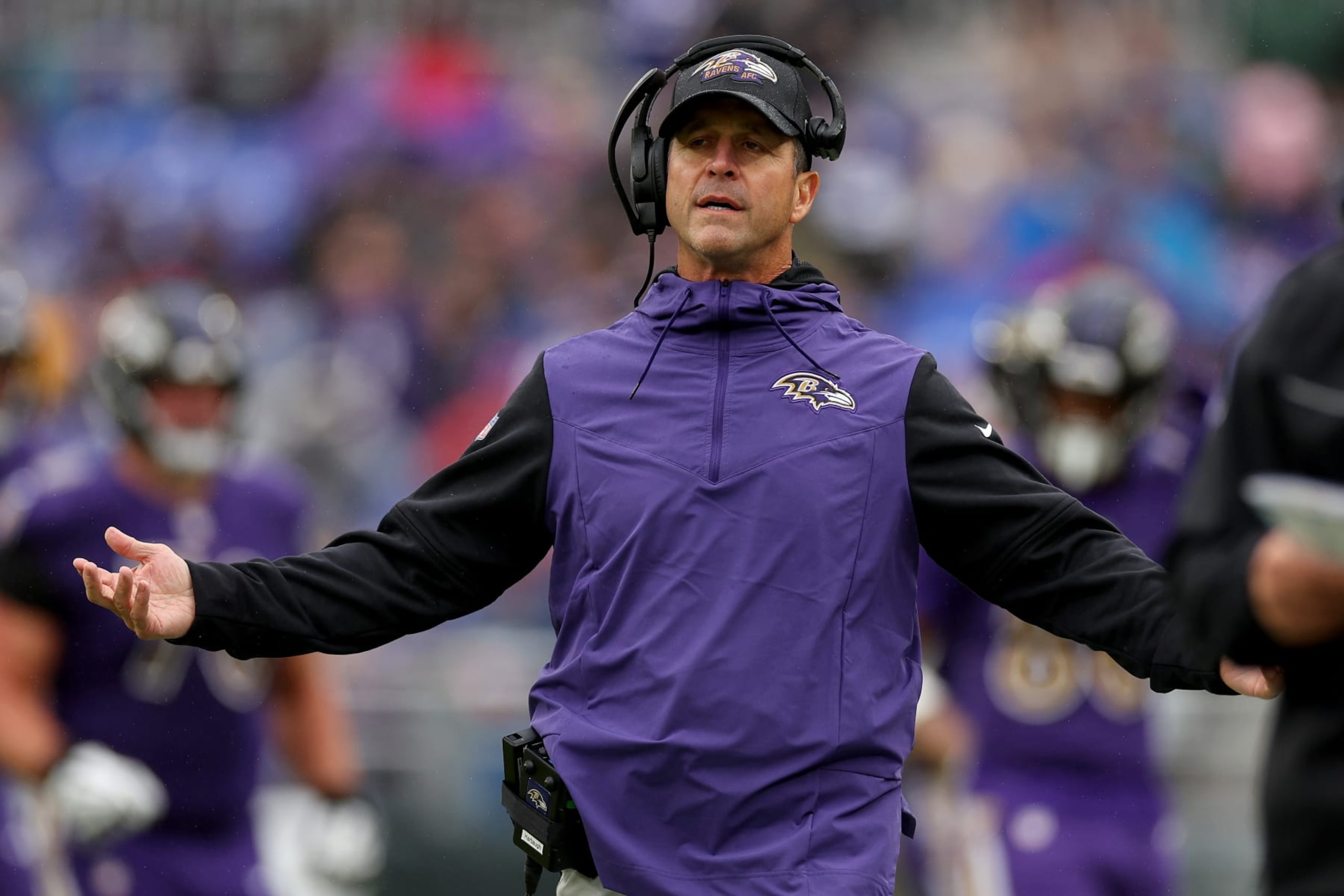 BALTIMORE, MARYLAND - OCTOBER 02: Head coach John Harbaugh of the Baltimore Ravens reacts in the second quarter against the Buffalo Bills at M&T Bank Stadium on October 02, 2022 in Baltimore, Maryland. (Photo by Patrick Smith/Getty Images)