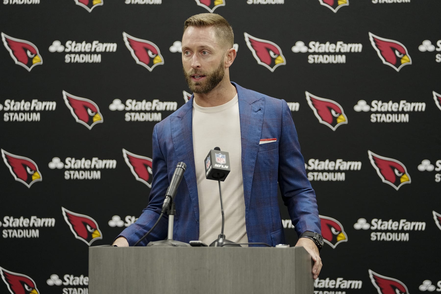 Arizona Cardinals head coach Kliff Kingsbury talks during a news conference after their win against the Carolina Panthers in an NFL football game on Sunday, Oct. 2, 2022, in Charlotte, N.C. (AP Photo/Rusty Jones)