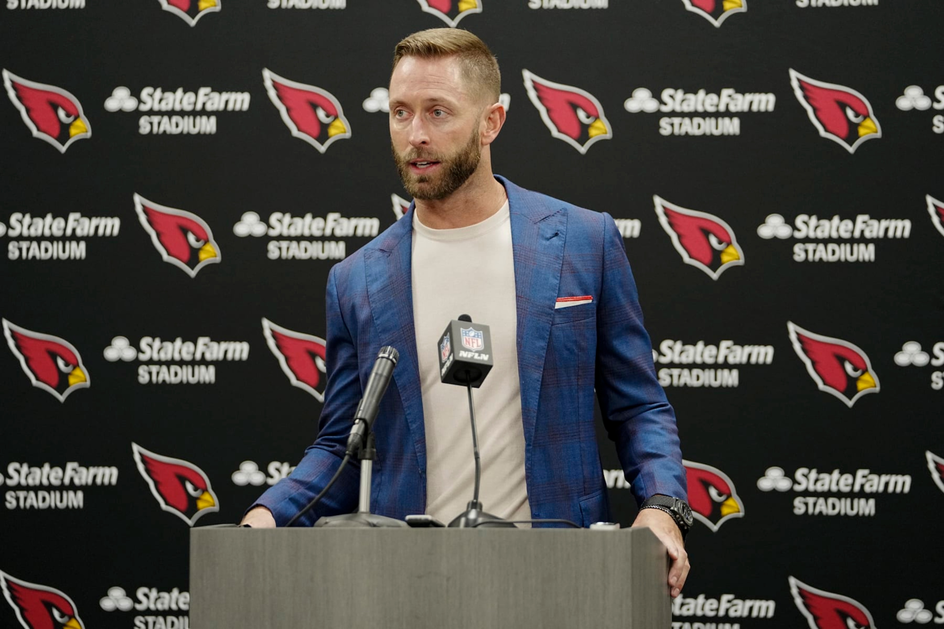 Arizona Cardinals head coach Kliff Kingsbury talks during a news conference after their win against the Carolina Panthers in an NFL football game on Sunday, Oct. 2, 2022, in Charlotte, N.C. (AP Photo/Rusty Jones)