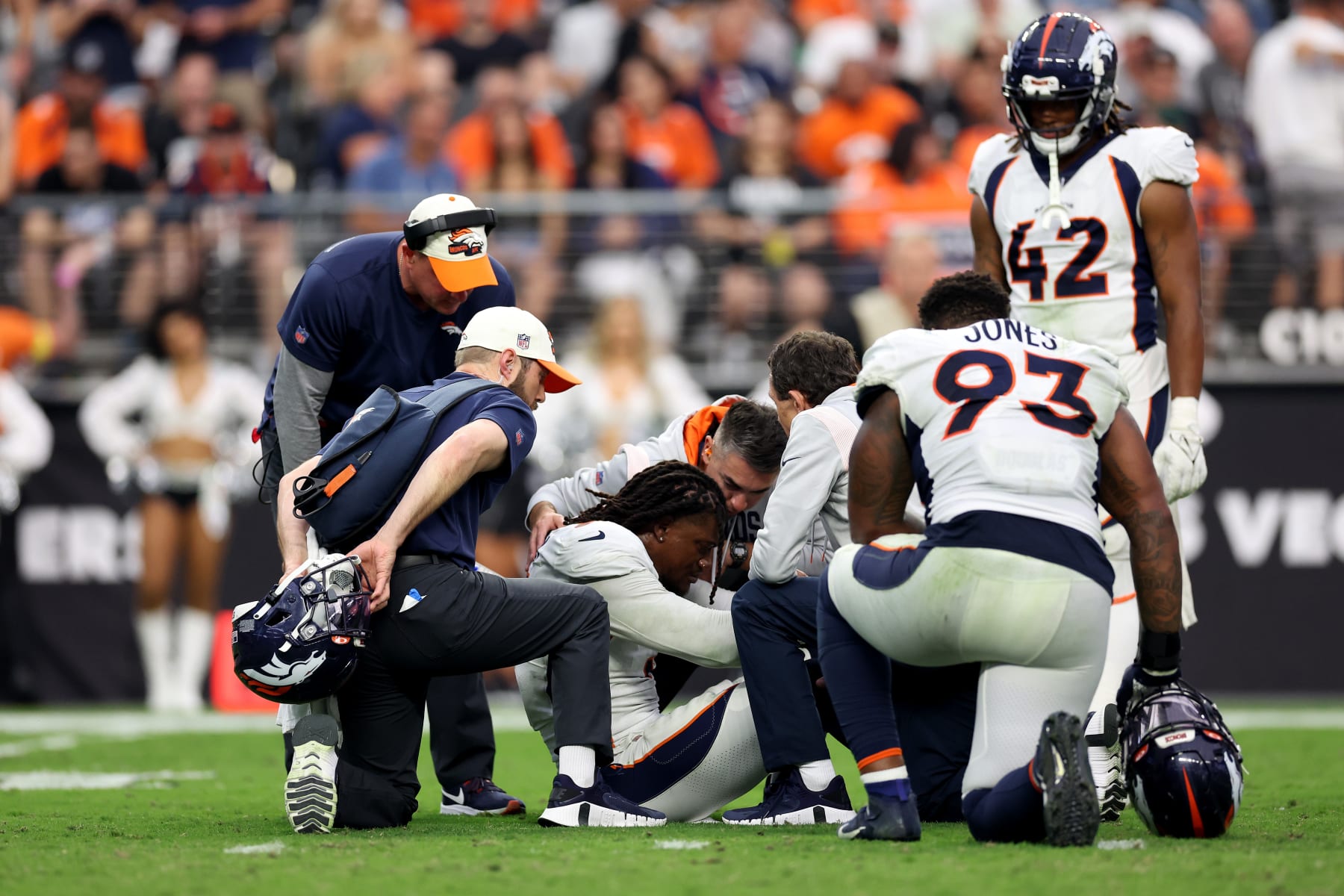 LAS VEGAS, NEVADA - OCTOBER 02: Randy Gregory #5 of the Denver Broncos is attended to after being injured in the fourth quarter against the Las Vegas Raiders at Allegiant Stadium on October 02, 2022 in Las Vegas, Nevada. (Photo by Christian Petersen/Getty Images)