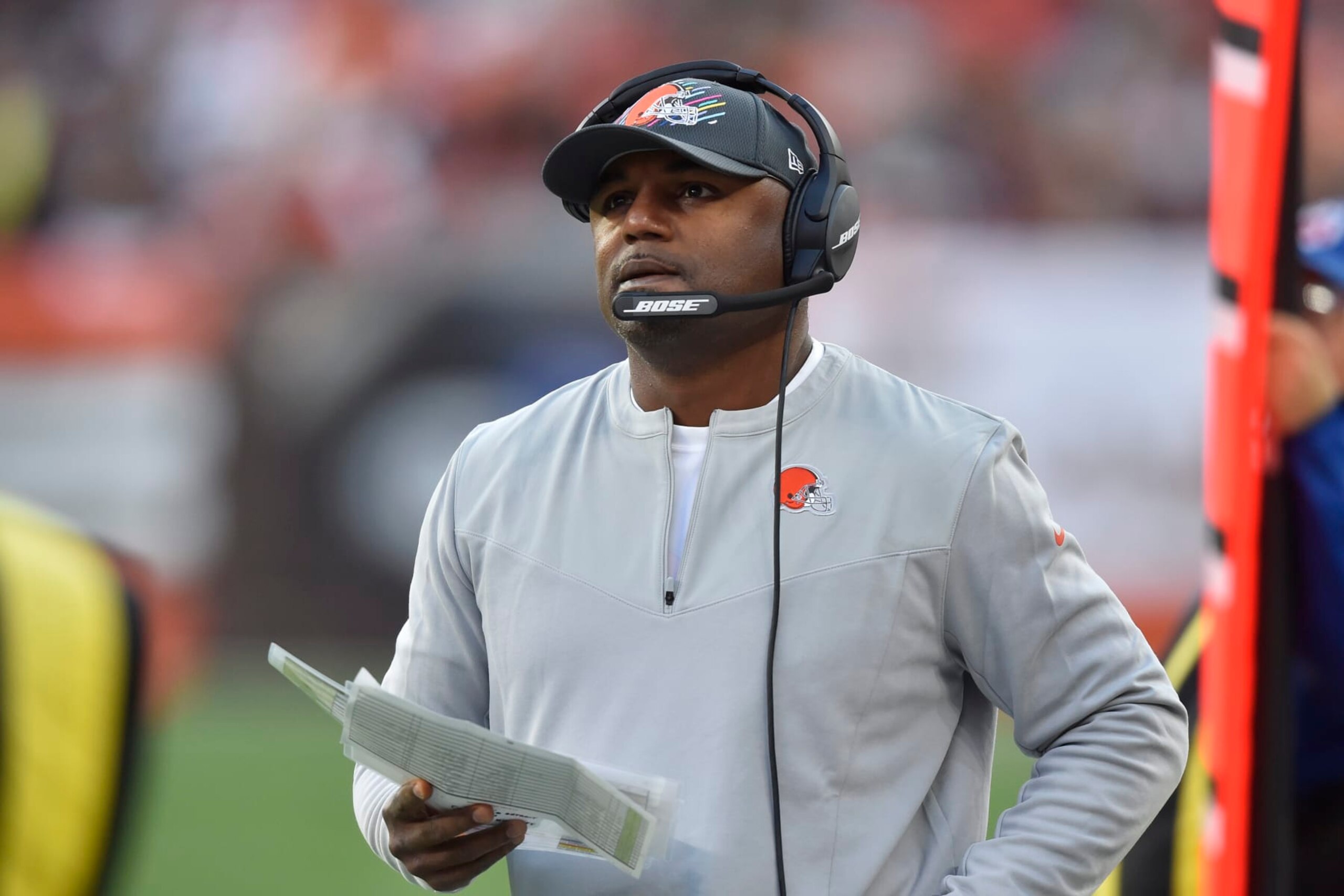 Cleveland Browns defensive coordinator Joe Woods stands on the sideline during an NFL football game against the Arizona Cardinals, Sunday, Oct. 17, 2021, in Cleveland. The Cardinals won 37-14. (AP Photo/David Richard)