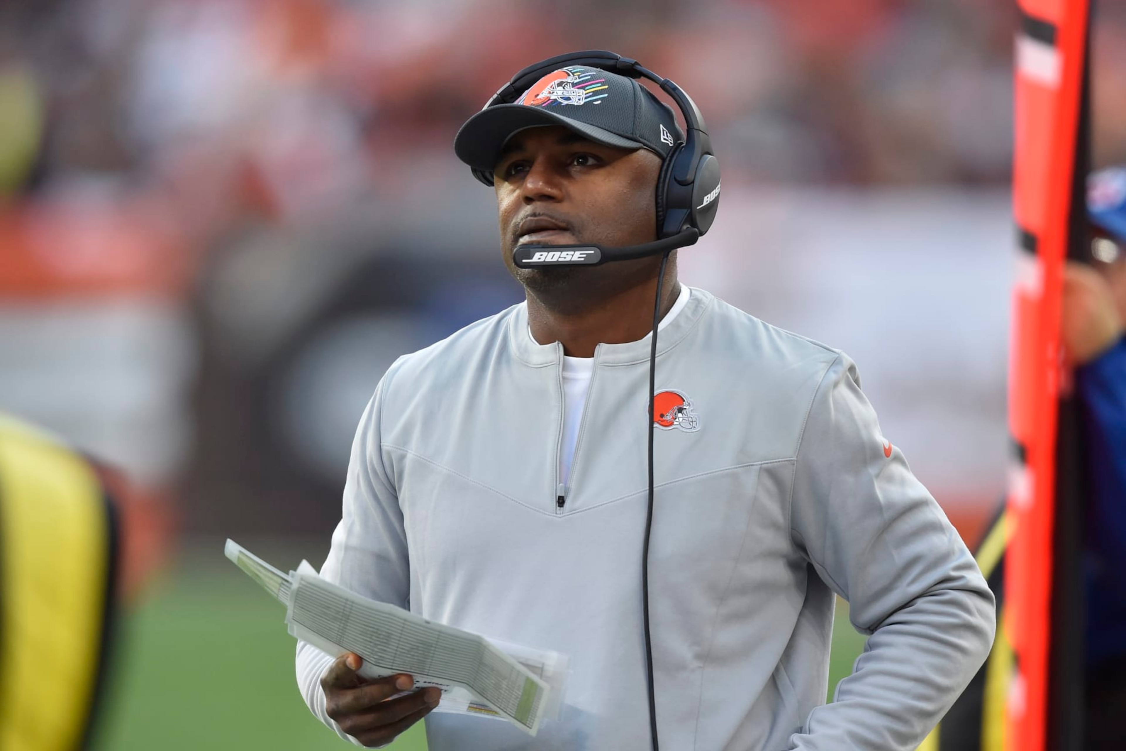 Cleveland Browns defensive coordinator Joe Woods stands on the sideline during an NFL football game against the Arizona Cardinals, Sunday, Oct. 17, 2021, in Cleveland. The Cardinals won 37-14. (AP Photo/David Richard)