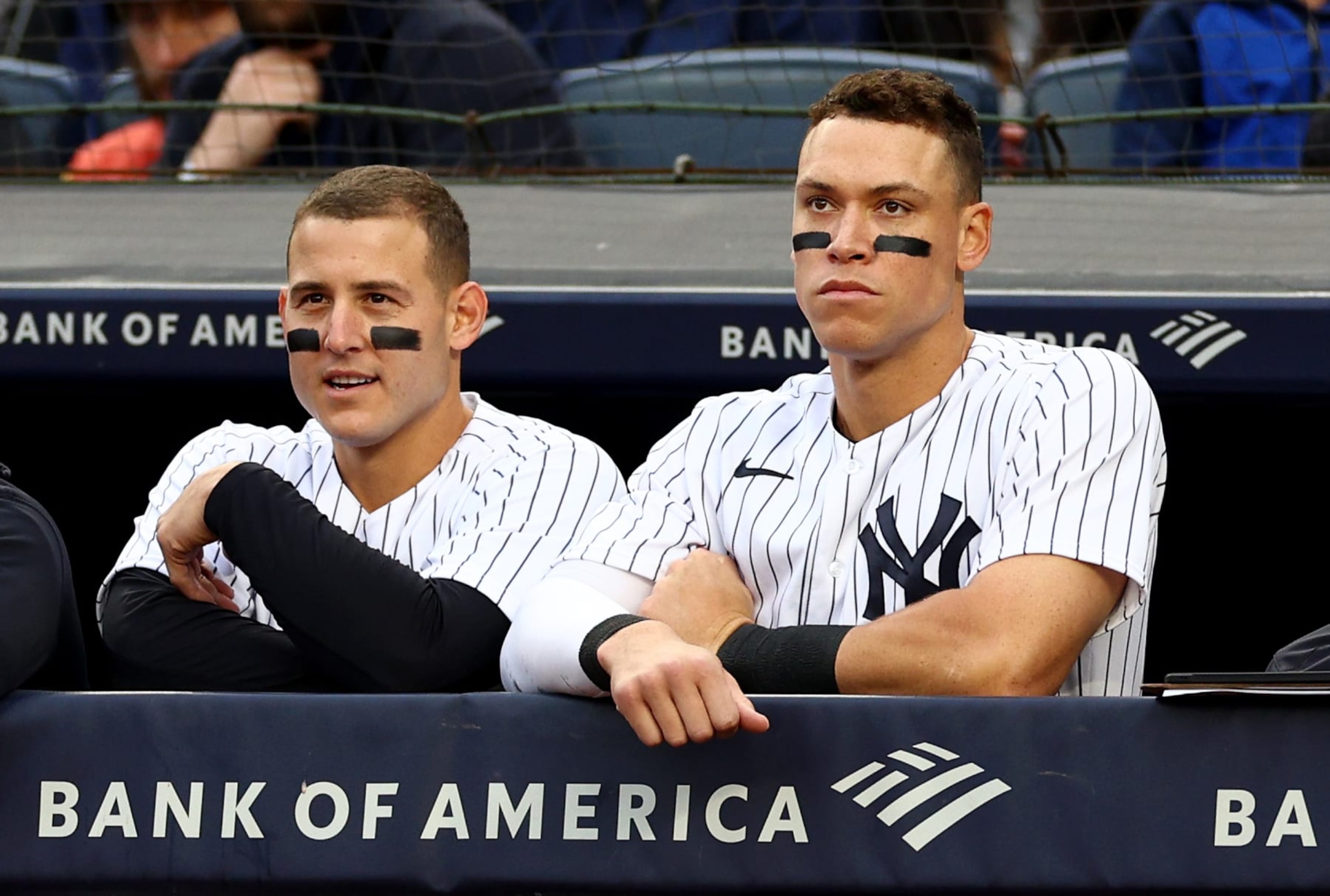 NEW YORK, NEW YORK - OCTOBER 01:  Anthony Rizzo #48 and Aaron Judge #99 of the New York Yankees look on from the dugout in the seventh inning against the Baltimore Orioles at Yankee Stadium on October 01, 2022 in the Bronx borough of New York City. (Photo by Elsa/Getty Images)