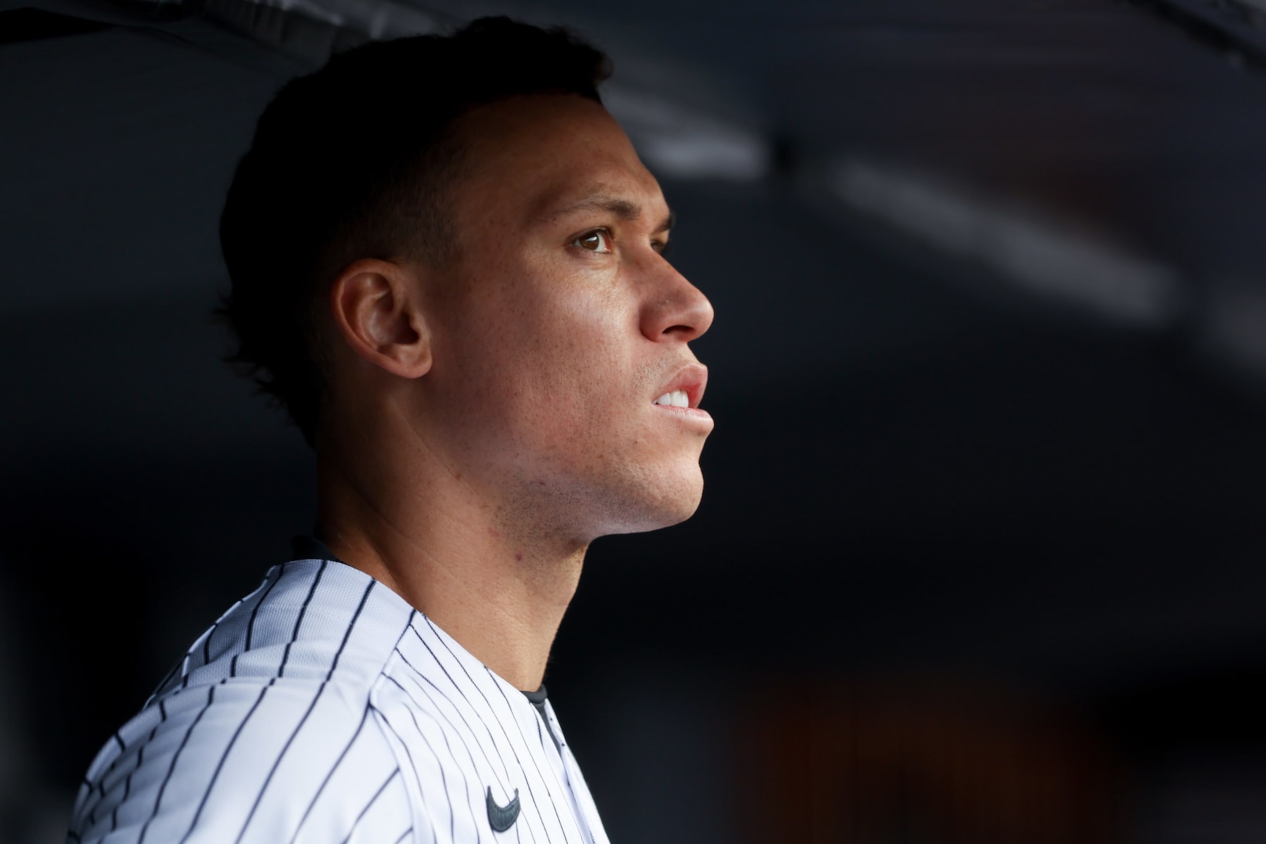 NEW YORK, NY - OCTOBER 02:   Aaron Judge #99 of the New York Yankees looks on from the dugout in the third inning during the game between the Baltimore Orioles and the New York Yankees at Yankee Stadium on Sunday, October 2, 2022 in New York, New York. (Photo by Rob Tringali/MLB Photos via Getty Images)