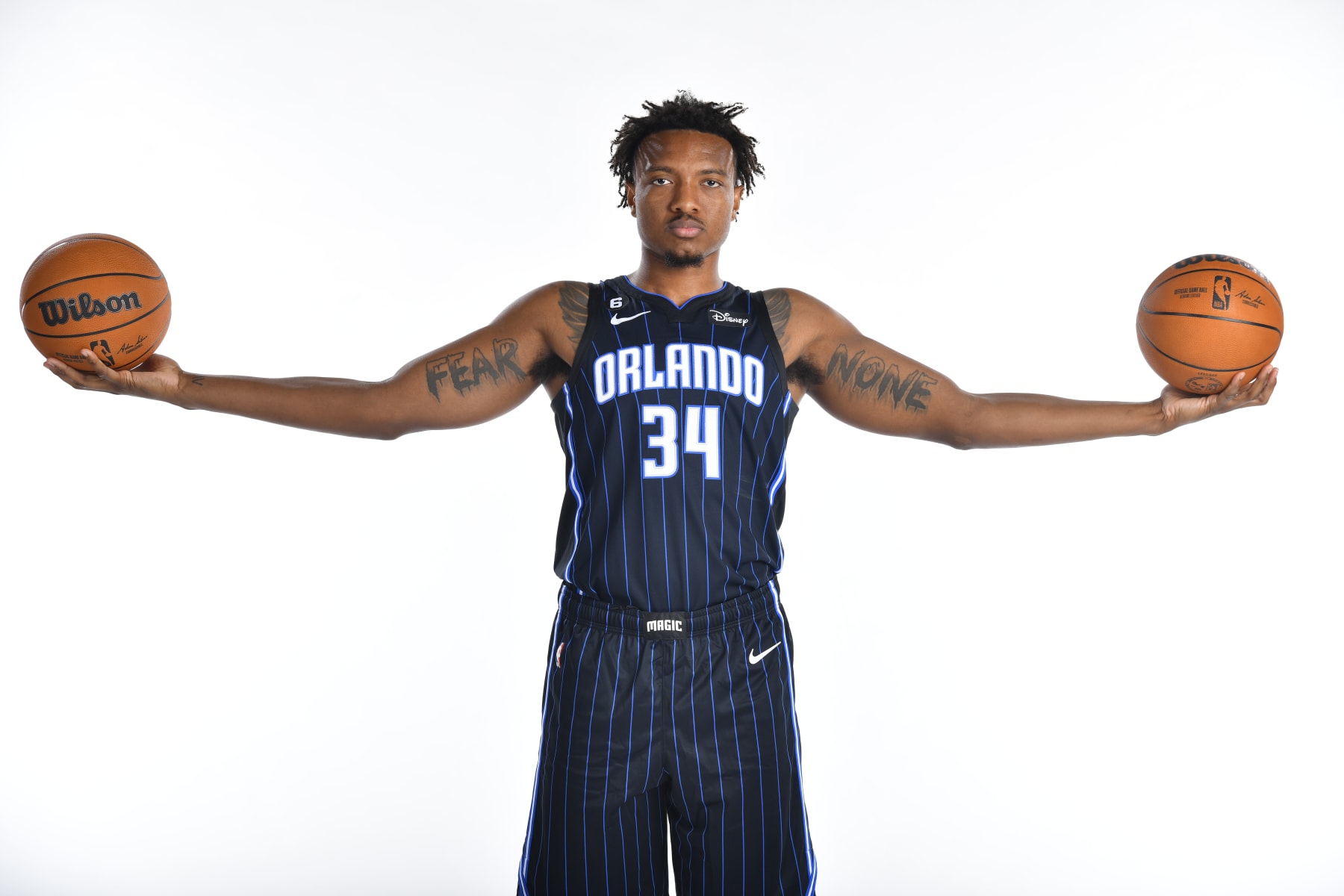 ORLANDO, FL - SEPTEMBER 26: Wendell Carter Jr #34 of the Orlando Magic players poses for a portraits during media day on September 26, 2022 at the AdventHealth Training Center in Orlando, Florida. NOTE TO USER: User expressly acknowledges and agrees that, by downloading and or using this photograph, User is consenting to the terms and conditions of the Getty Images License Agreement. Mandatory Copyright Notice: Copyright 2022 NBAE  (Photo by Fernando Medina/NBAE via Getty Images)