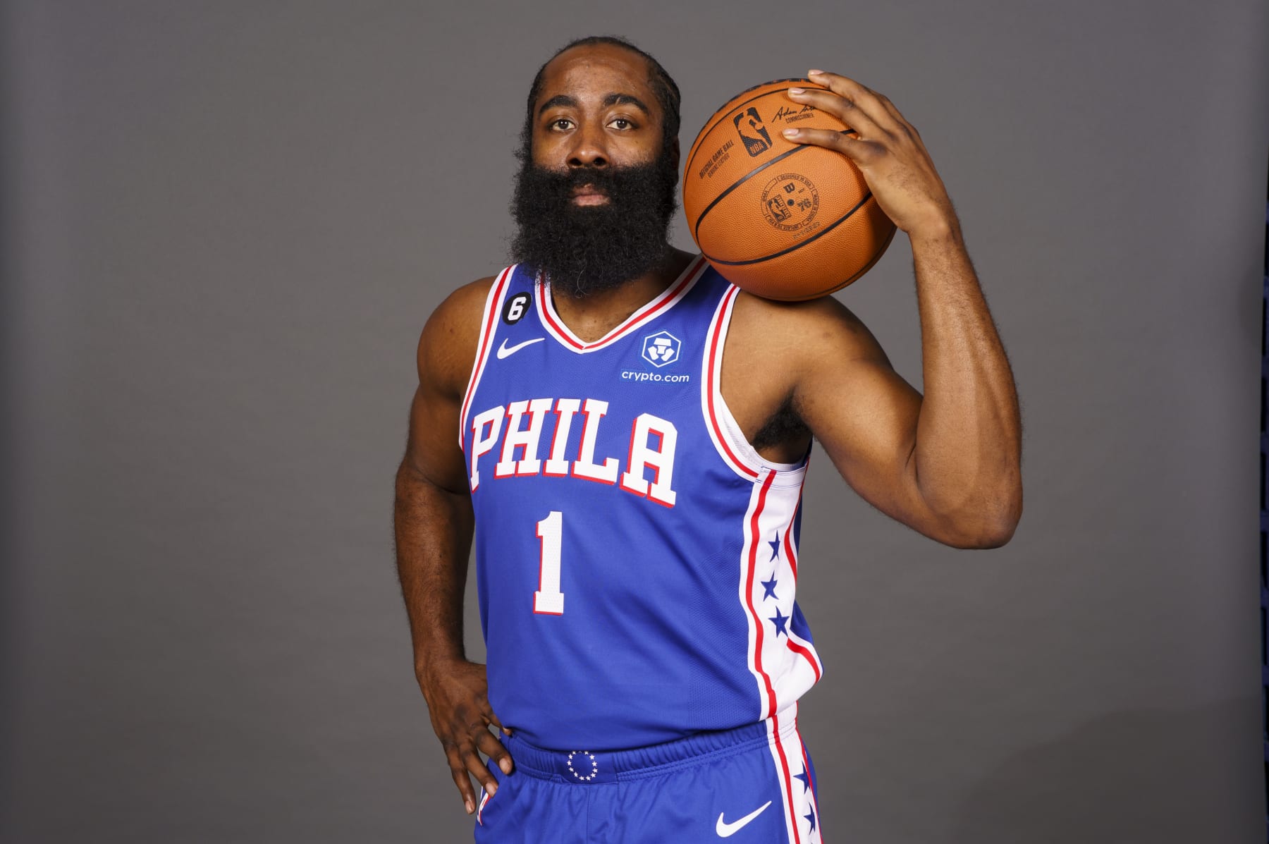 Philadelphia 76ers' James Harden poses for a photograph during media day at the NBA basketball team's practice facility, Monday, Sept. 26, 2022, in Camden, NJ. (AP Photo/Chris Szagola)