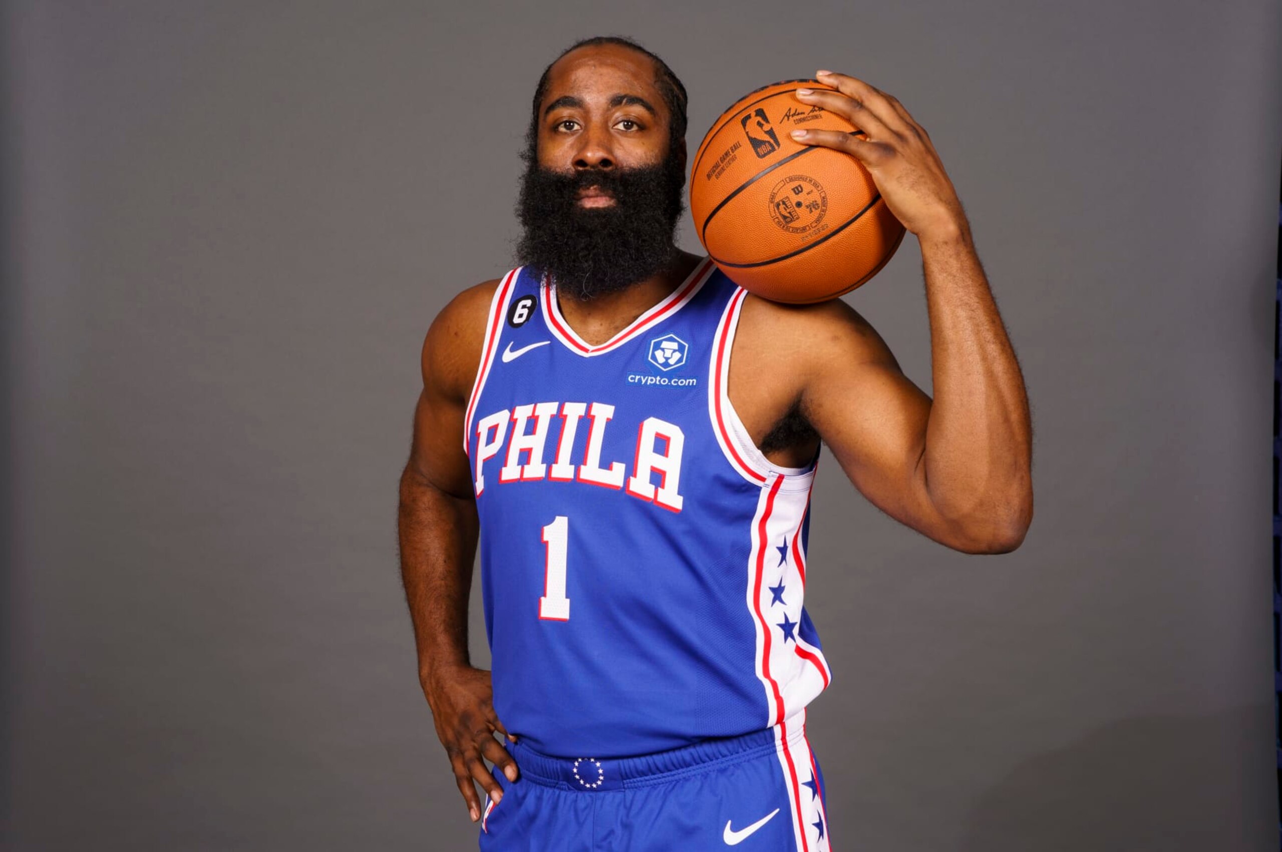 Philadelphia 76ers' James Harden poses for a photograph during media day at the NBA basketball team's practice facility, Monday, Sept. 26, 2022, in Camden, NJ. (AP Photo/Chris Szagola)