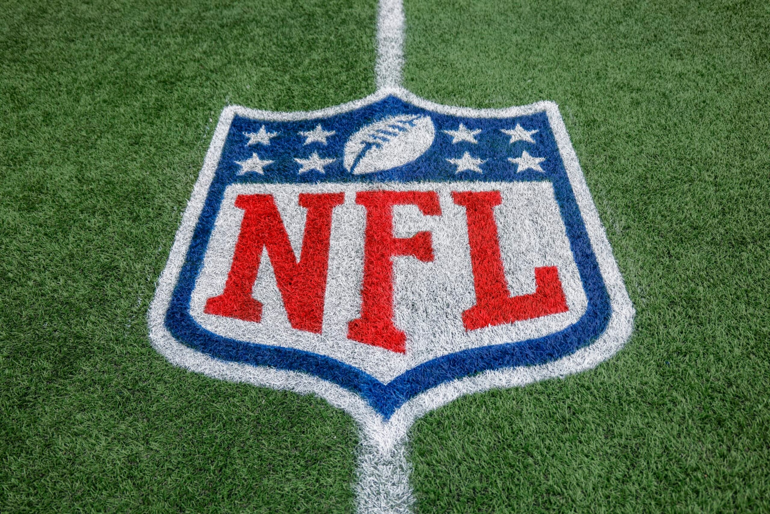 NFL logo on the field at Bank of America Stadium before an NFL game between the Carolina Panthers and the Arizona Cardinals in Charlotte, N.C., Sunday, Oct. 2, 2022. (AP Photo/Nell Redmond)