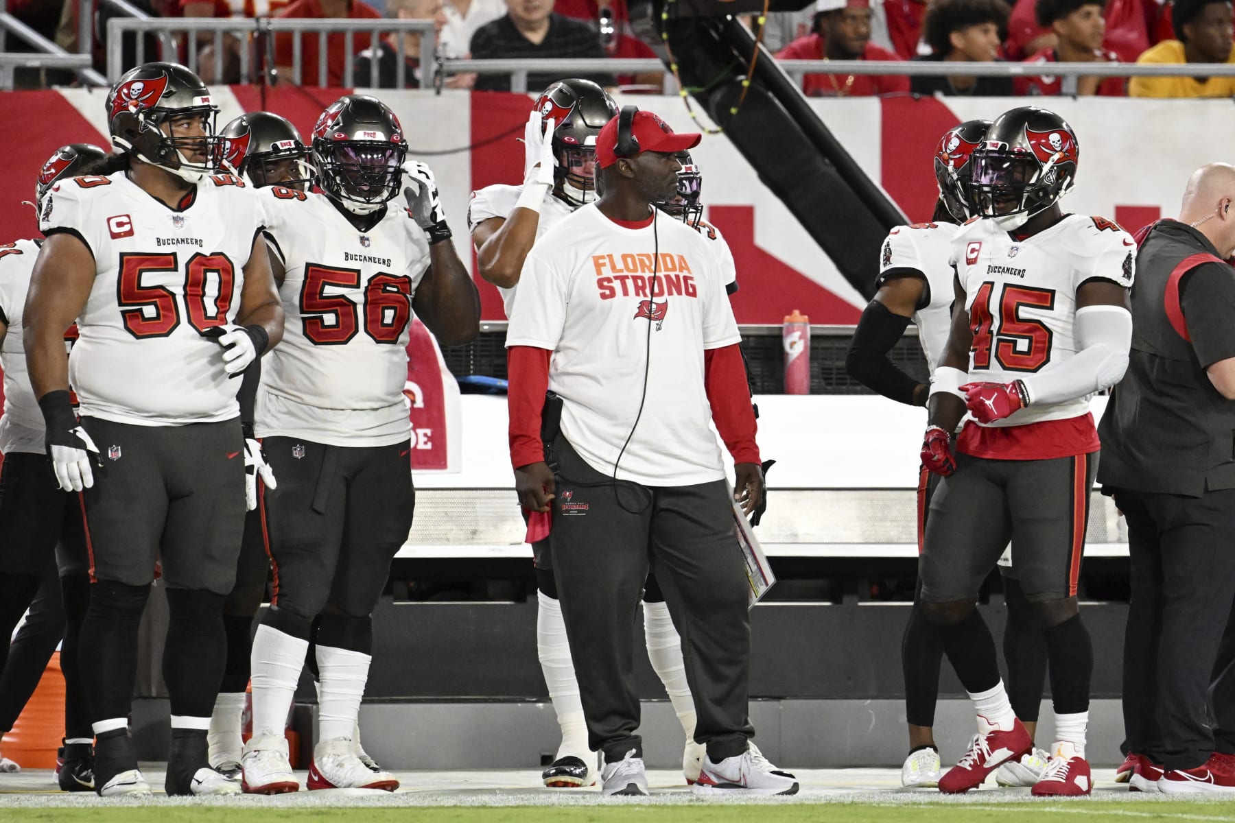 Tampa Bay Buccaneers head coach Todd Bowles wears Florida Strong tee-shirt during the first half of an NFL football game against the Kansas City Chiefs Sunday, Oct. 2, 2022, in Tampa, Fla. (AP Photo/Jason Behnken)