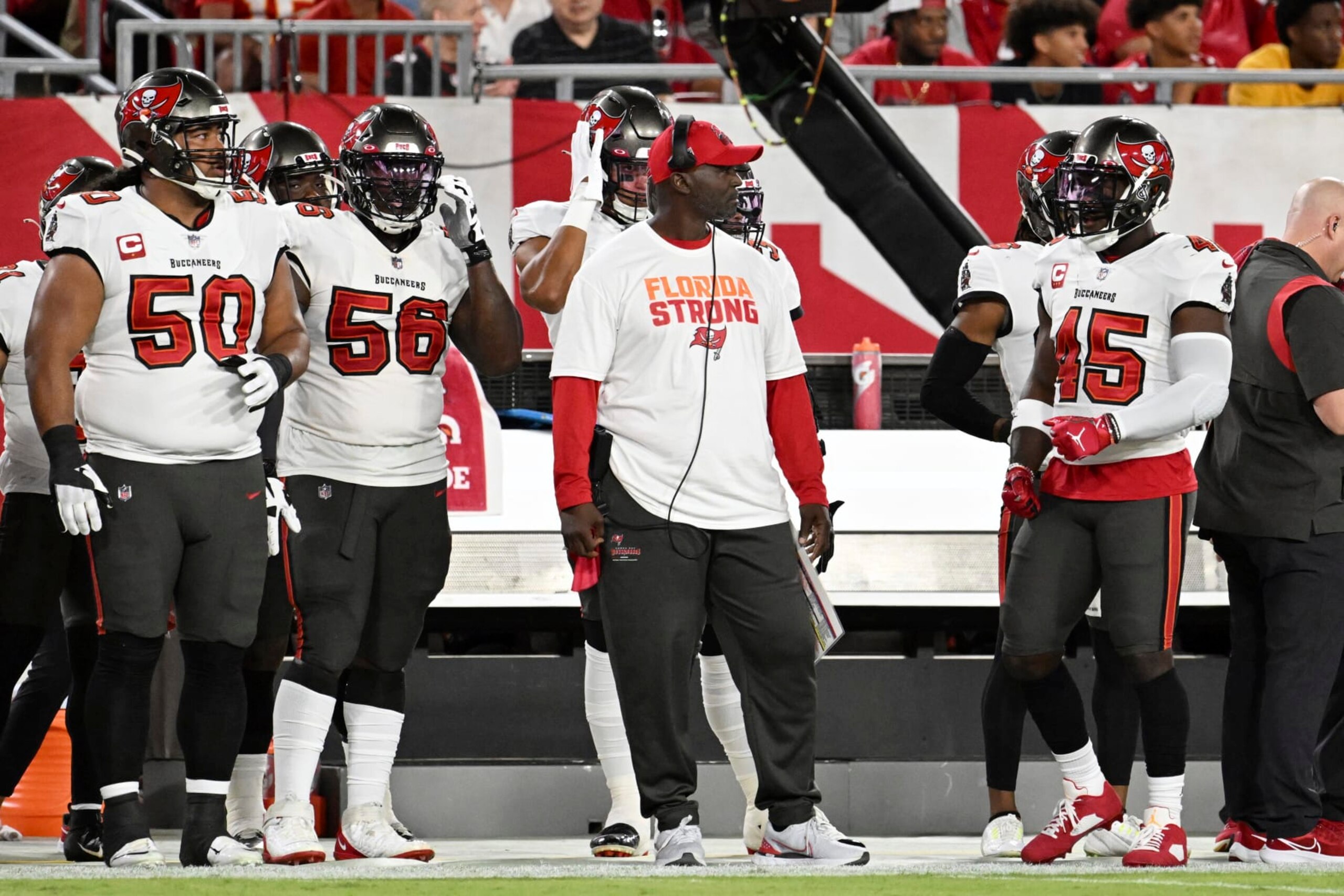 Tampa Bay Buccaneers head coach Todd Bowles wears Florida Strong tee-shirt during the first half of an NFL football game against the Kansas City Chiefs Sunday, Oct. 2, 2022, in Tampa, Fla. (AP Photo/Jason Behnken)