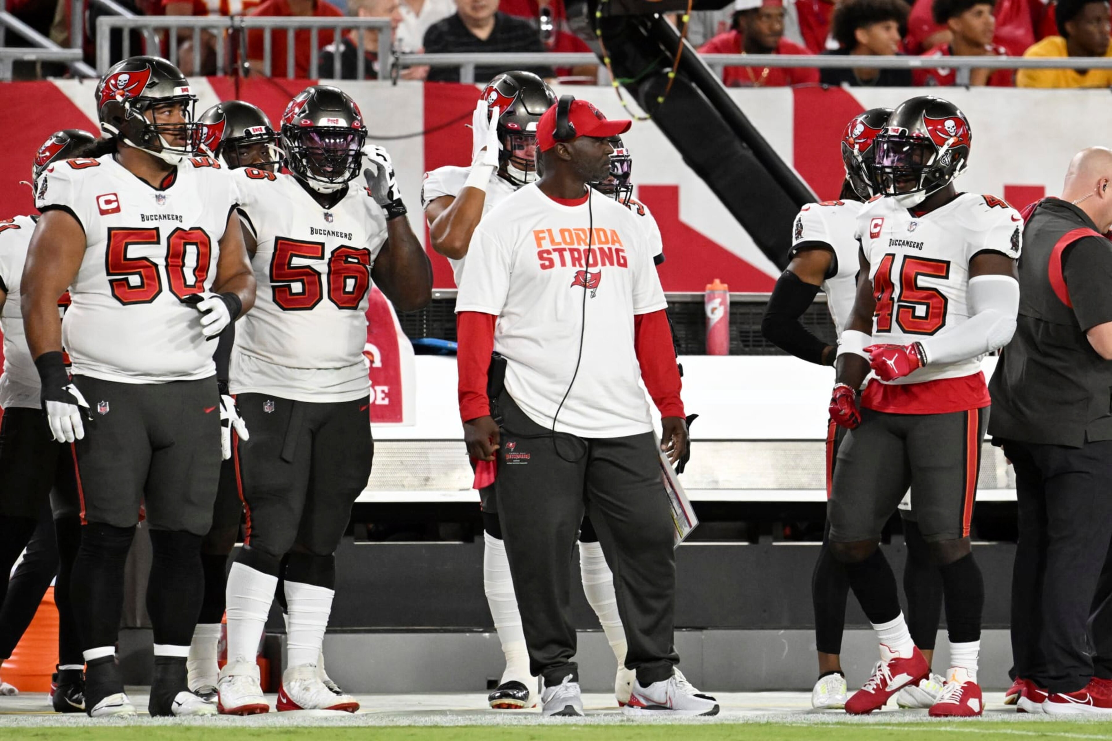 Tampa Bay Buccaneers head coach Todd Bowles wears Florida Strong tee-shirt during the first half of an NFL football game against the Kansas City Chiefs Sunday, Oct. 2, 2022, in Tampa, Fla. (AP Photo/Jason Behnken) Tampa Bay Buccaneers head coach Todd Bowles wears Florida Strong tee-shirt during the first half of an NFL football game against the Kansas City Chiefs Sunday, Oct. 2, 2022, in Tampa, Fla. (AP Photo/Jason Behnken)