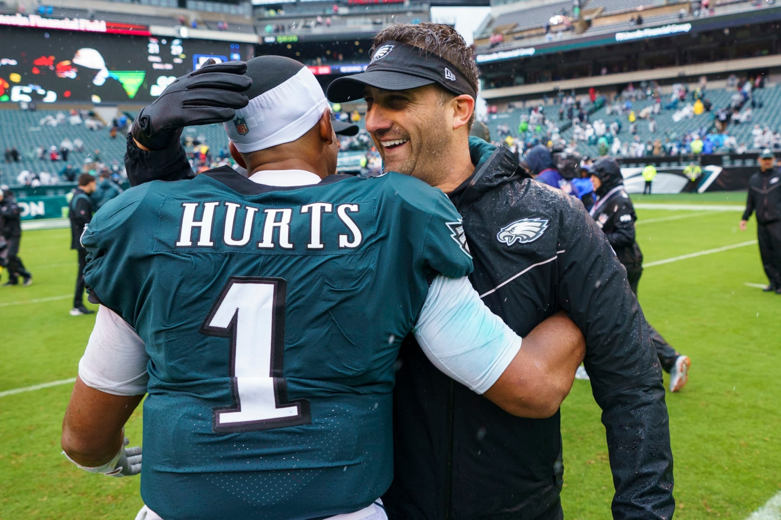 Philadelphia Eagles head coach Nick Sirianni celebrates with quarterbacks Jalen Hurts (1) following the NFL football game against the Jacksonville Jaguars, Sunday, Oct. 2, 2022, in Philadelphia. (AP Photo/Chris Szagola)