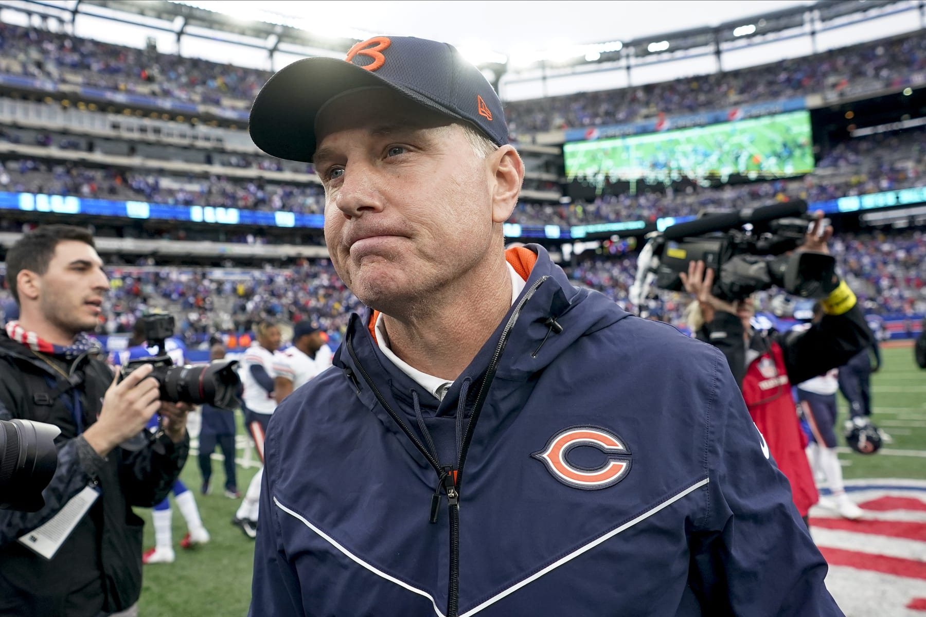 Chicago Bears head coach Matt Eberflus walks off the field after losing to the New York Giants 20-12 in an NFL football game, Sunday, Oct. 2, 2022, in East Rutherford, N.J. (AP Photo/John Minchillo)