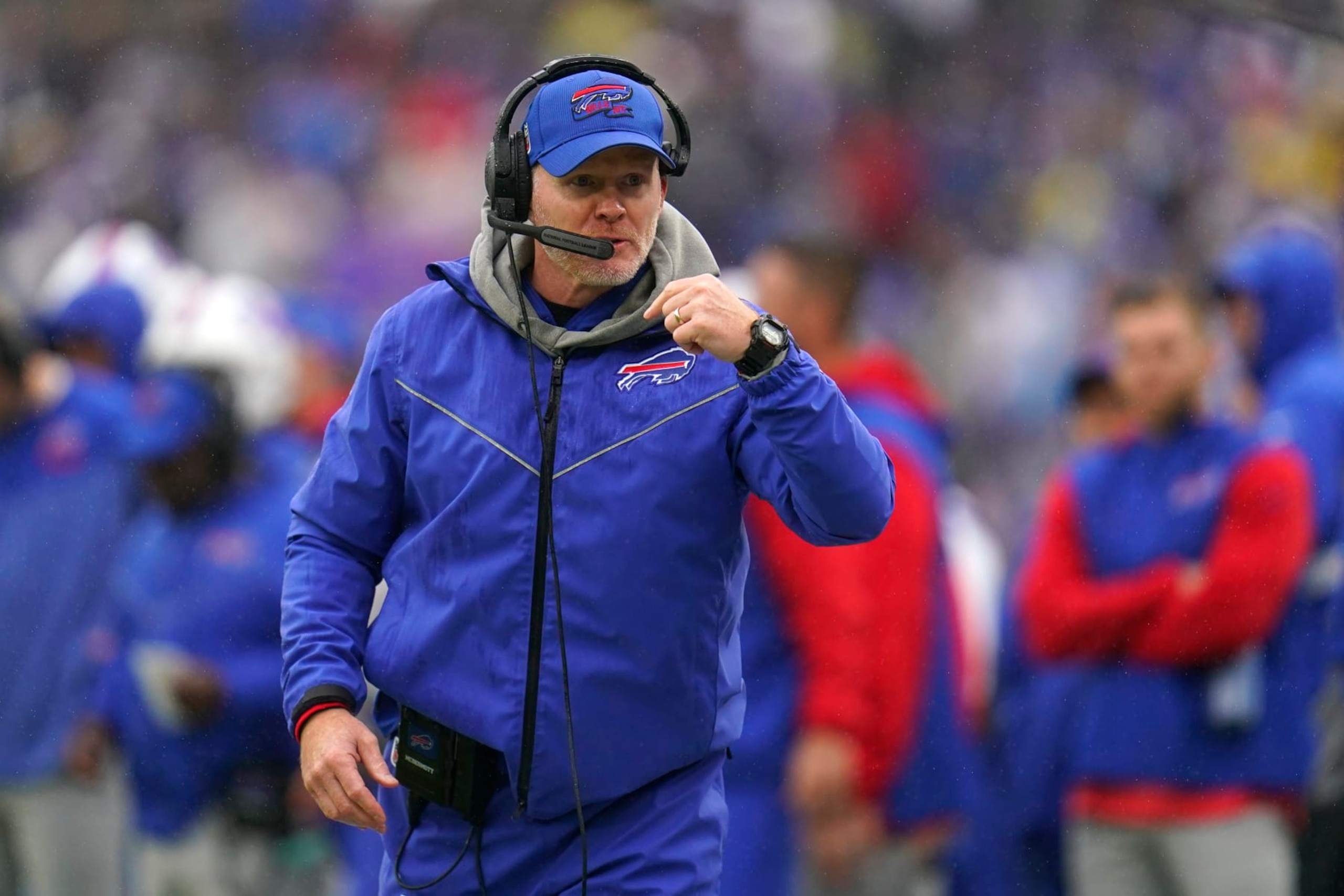 Buffalo Bills head coach Sean McDermott watches from the sideline in the first half of an NFL football game against the Baltimore Ravens Sunday, Oct. 2, 2022, in Baltimore. (AP Photo/Julio Cortez)