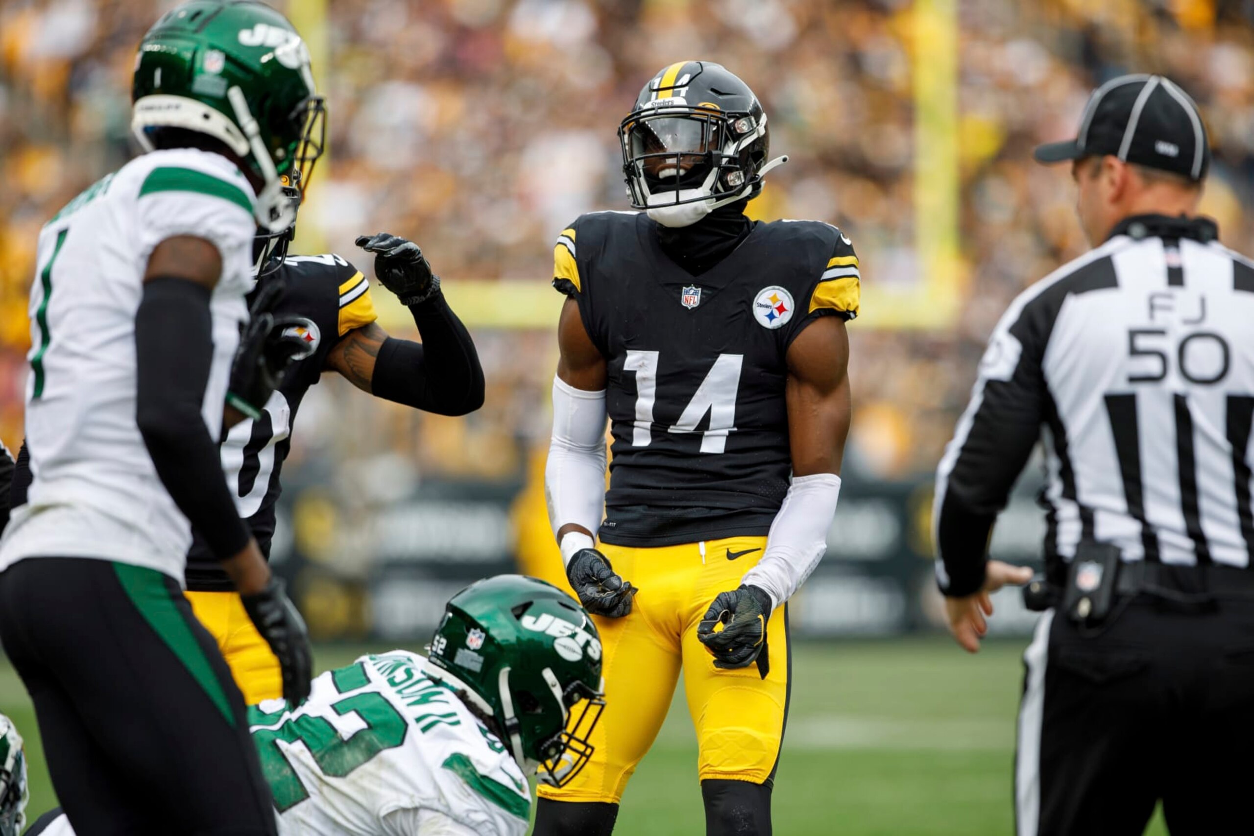 Pittsburgh Steelers wide receiver George Pickens (14) celebrates after a play during an NFL football game, Sunday, Oct. 2, 2022, in Pittsburgh, PA. (AP Photo/Matt Durisko)
