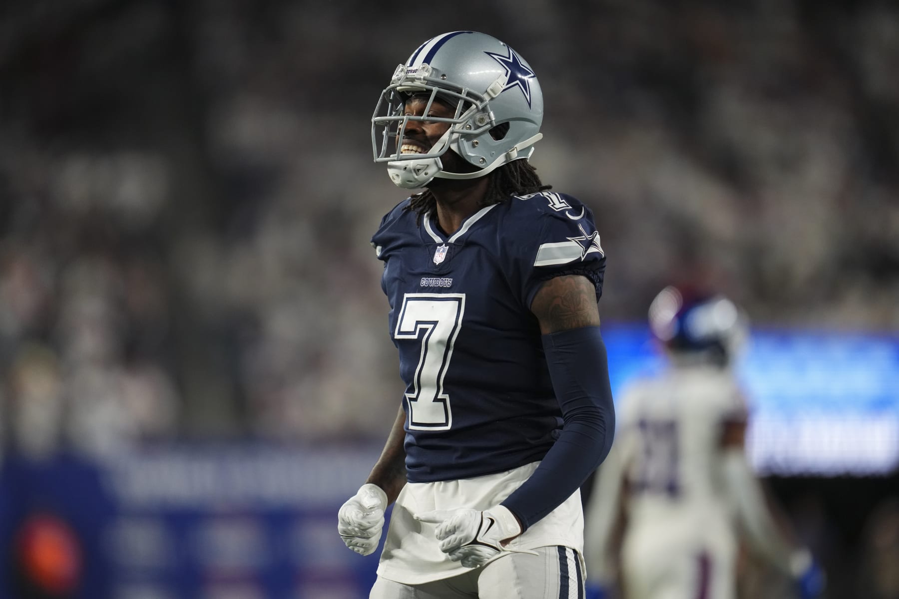 EAST RUTHERFORD, NJ - SEPTEMBER 26: Trevon Diggs #7 of the Dallas Cowboys celebrates against the New York Giants at MetLife Stadium on September 26, 2022 in East Rutherford, New Jersey. (Photo by Cooper Neill/Getty Images)