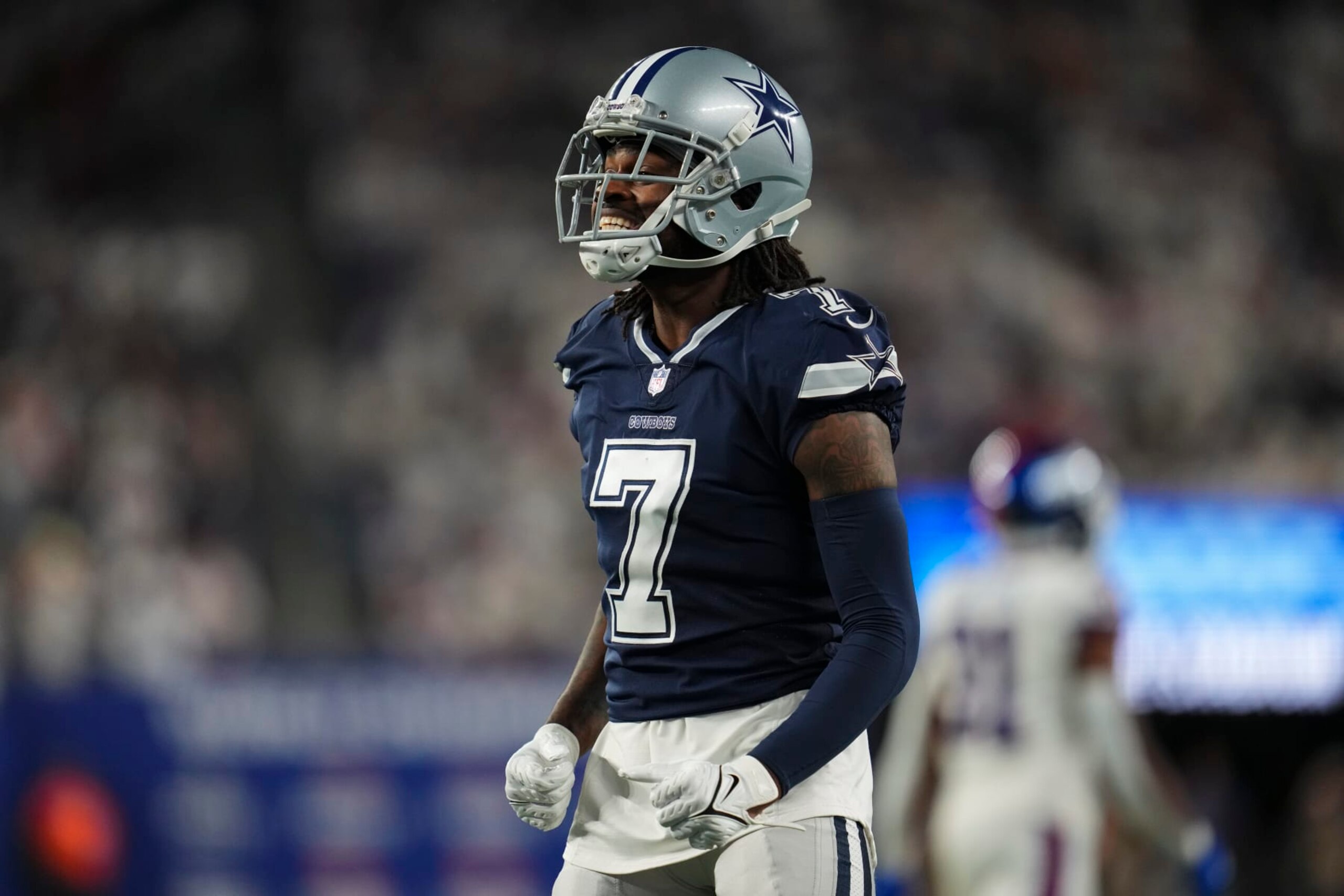 EAST RUTHERFORD, NJ - SEPTEMBER 26: Trevon Diggs #7 of the Dallas Cowboys celebrates against the New York Giants at MetLife Stadium on September 26, 2022 in East Rutherford, New Jersey. (Photo by Cooper Neill/Getty Images)