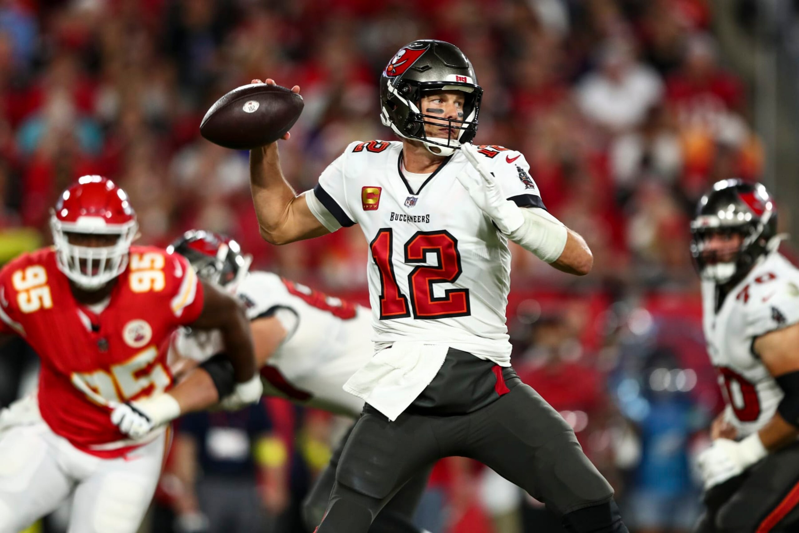 TAMPA, FL - OCTOBER 2: Tom Brady #12 of the Tampa Bay Buccaneers throws a pass during an NFL football game against the Kansas City Chiefs at Raymond James Stadium on October 2, 2022 in Tampa, Florida. (Photo by Kevin Sabitus/Getty Images)