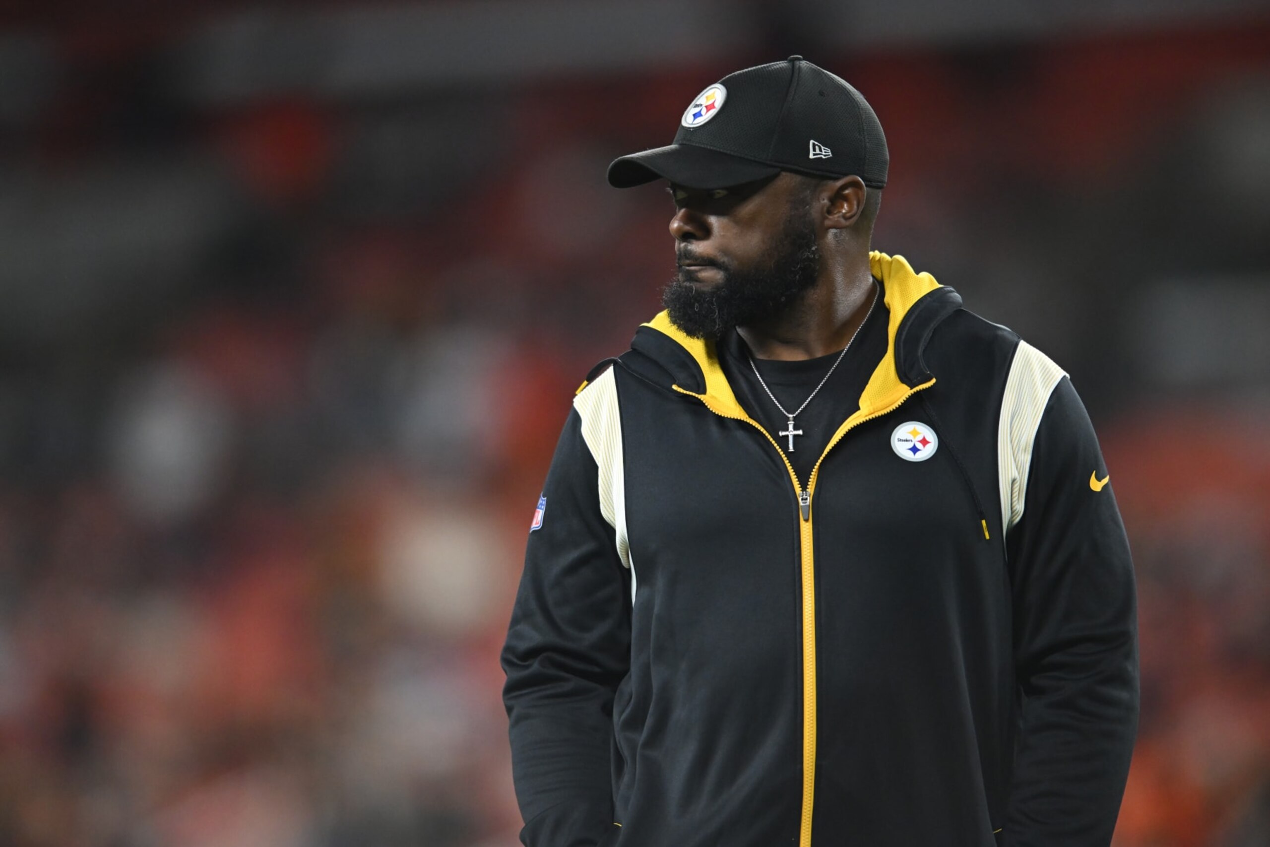 CLEVELAND, OHIO - SEPTEMBER 22: Head coach Mike Tomlin of the Pittsburgh Steelers looks on prior to facing the Cleveland Browns at FirstEnergy Stadium on September 22, 2022 in Cleveland, Ohio. (Photo by Nick Cammett/Getty Images)