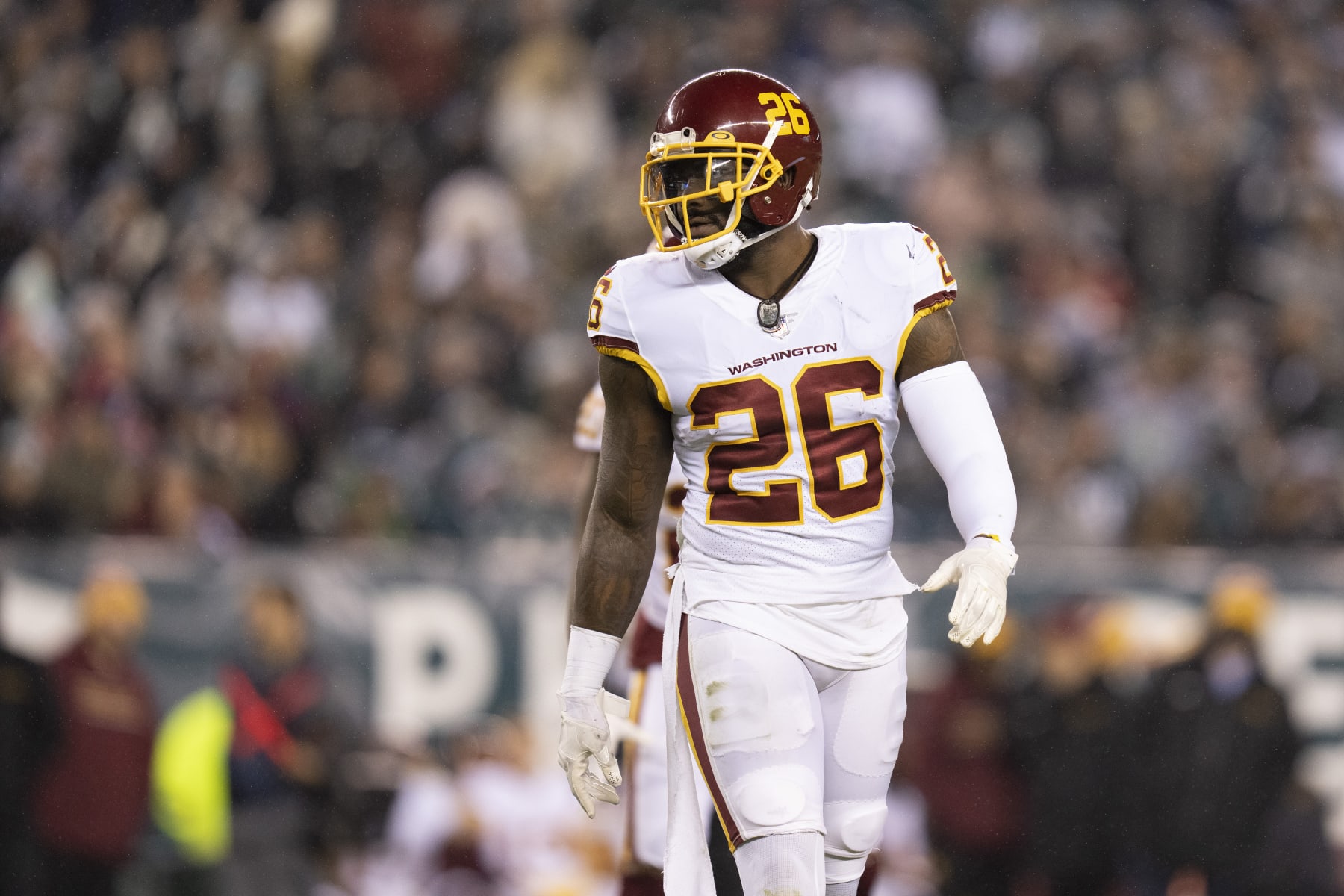 PHILADELPHIA, PA - DECEMBER 21: Landon Collins #26 of the Washington Football Team looks on against the Philadelphia Eagles at Lincoln Financial Field on December 21, 2021 in Philadelphia, Pennsylvania. (Photo by Mitchell Leff/Getty Images)