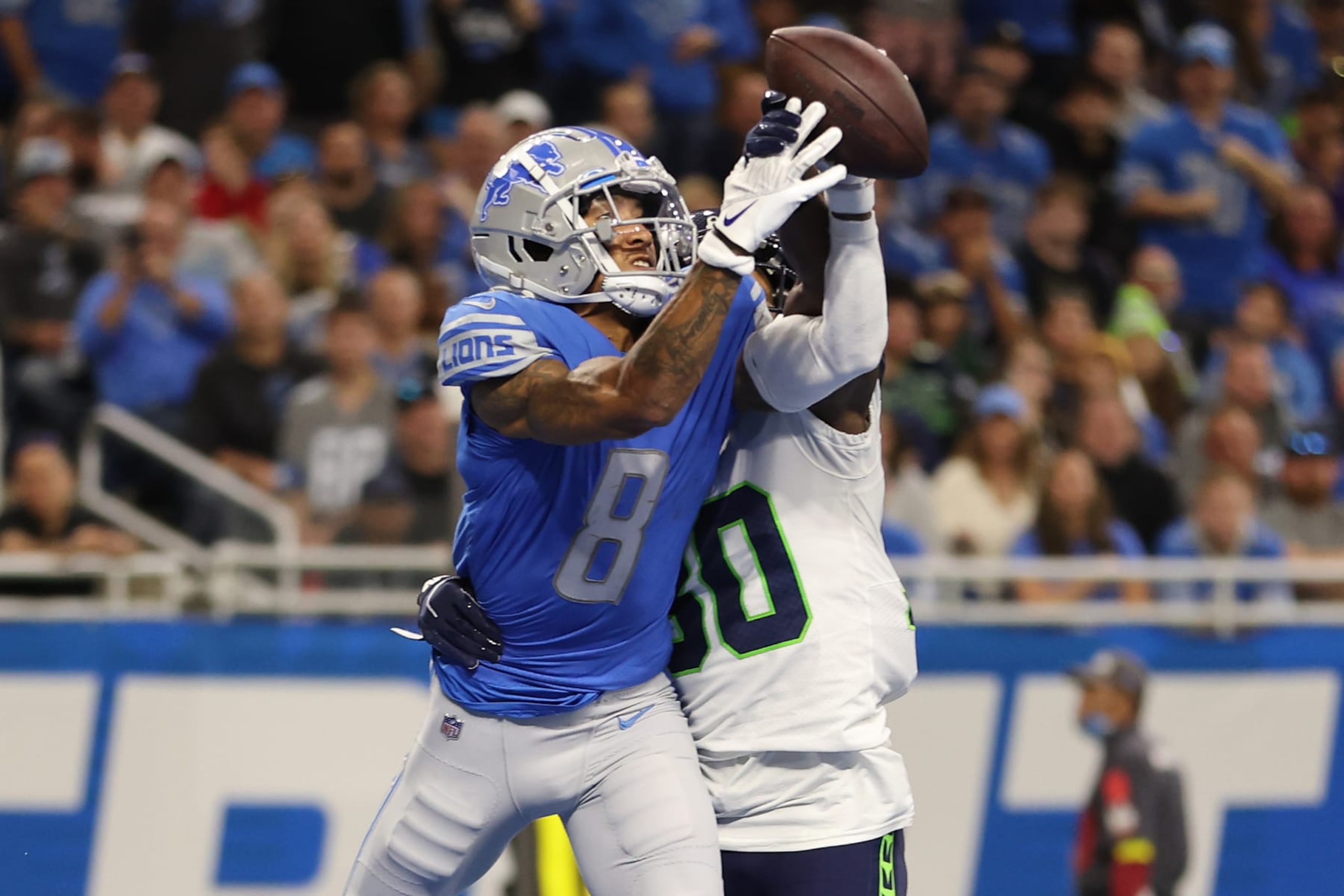DETROIT, MICHIGAN - OCTOBER 02: Josh Reynolds #8 of the Detroit Lions scores a touchdown during the fourth quarter of the game against the Seattle Seahawks at Ford Field on October 02, 2022 in Detroit, Michigan. (Photo by Gregory Shamus/Getty Images)