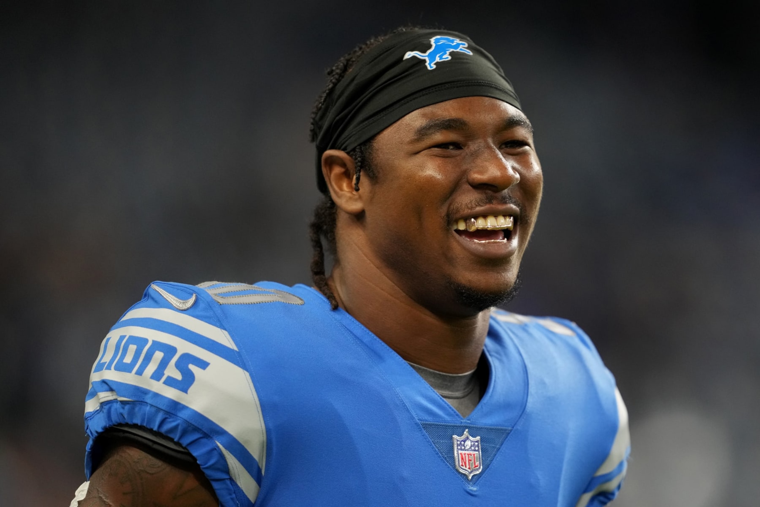DETROIT, MICHIGAN - OCTOBER 02: Jamaal Williams #30 of the Detroit Lions reacts before the game against the Seattle Seahawks at Ford Field on October 02, 2022 in Detroit, Michigan. (Photo by Nic Antaya/Getty Images)