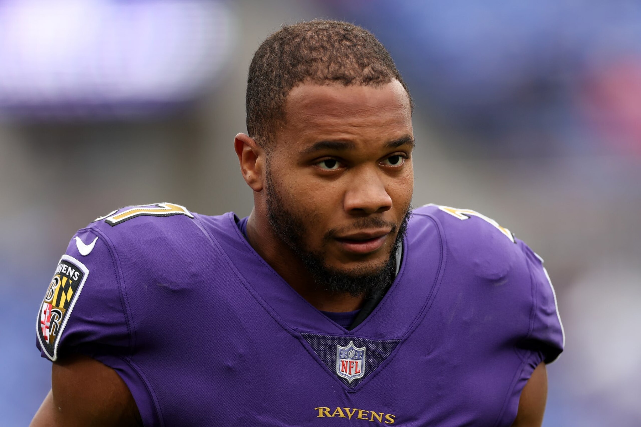 BALTIMORE, MARYLAND - OCTOBER 02: J.K. Dobbins #27 of the Baltimore Ravens warms up before the game against the Buffalo Bills at M&T Bank Stadium on October 02, 2022 in Baltimore, Maryland. (Photo by Patrick Smith/Getty Images)