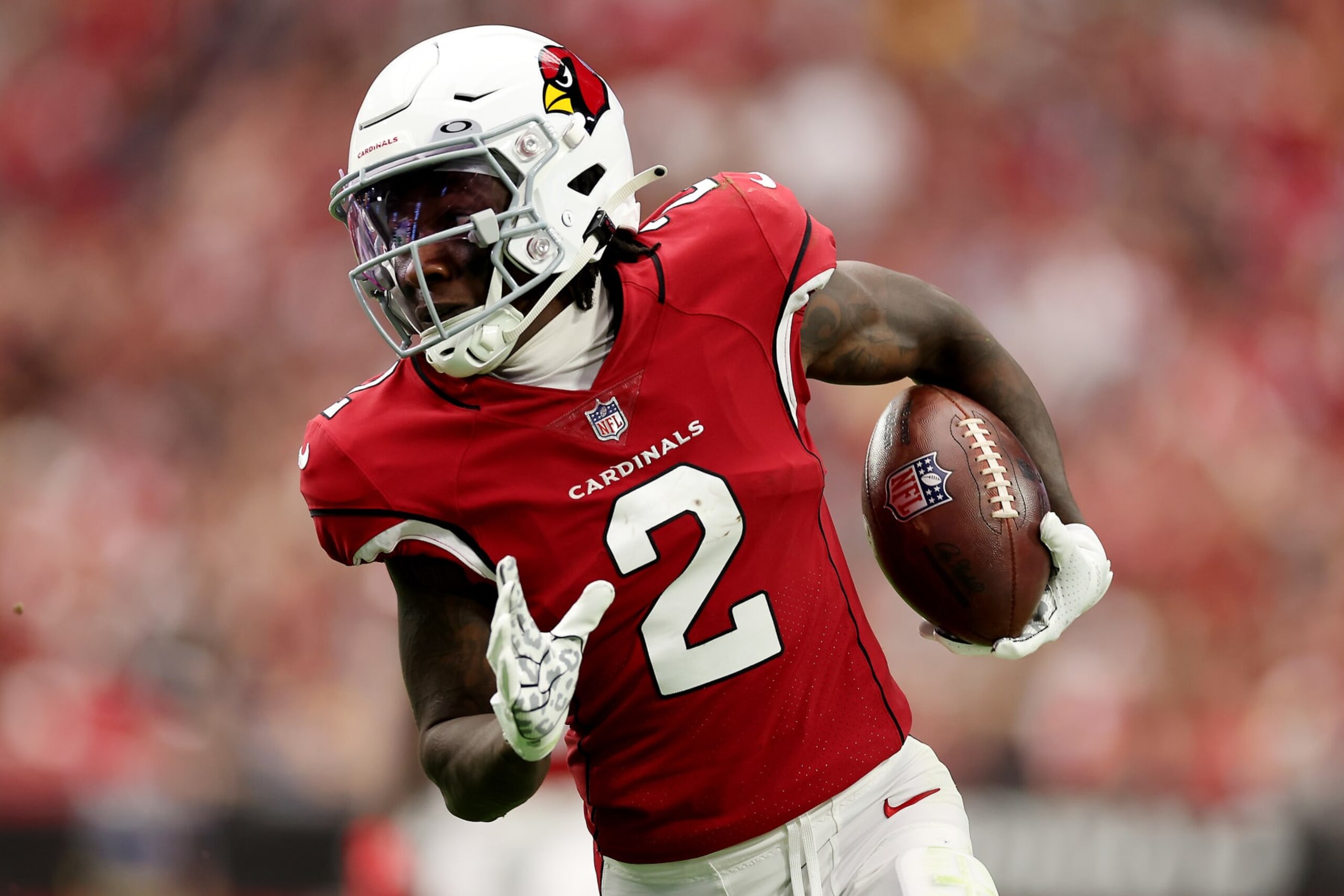 GLENDALE, ARIZONA - SEPTEMBER 25: Marquise Brown #2 of the Arizona Cardinals runs with the ball in the second quarter of the game against the Los Angeles Rams at State Farm Stadium on September 25, 2022 in Glendale, Arizona. (Photo by Christian Petersen/Getty Images)