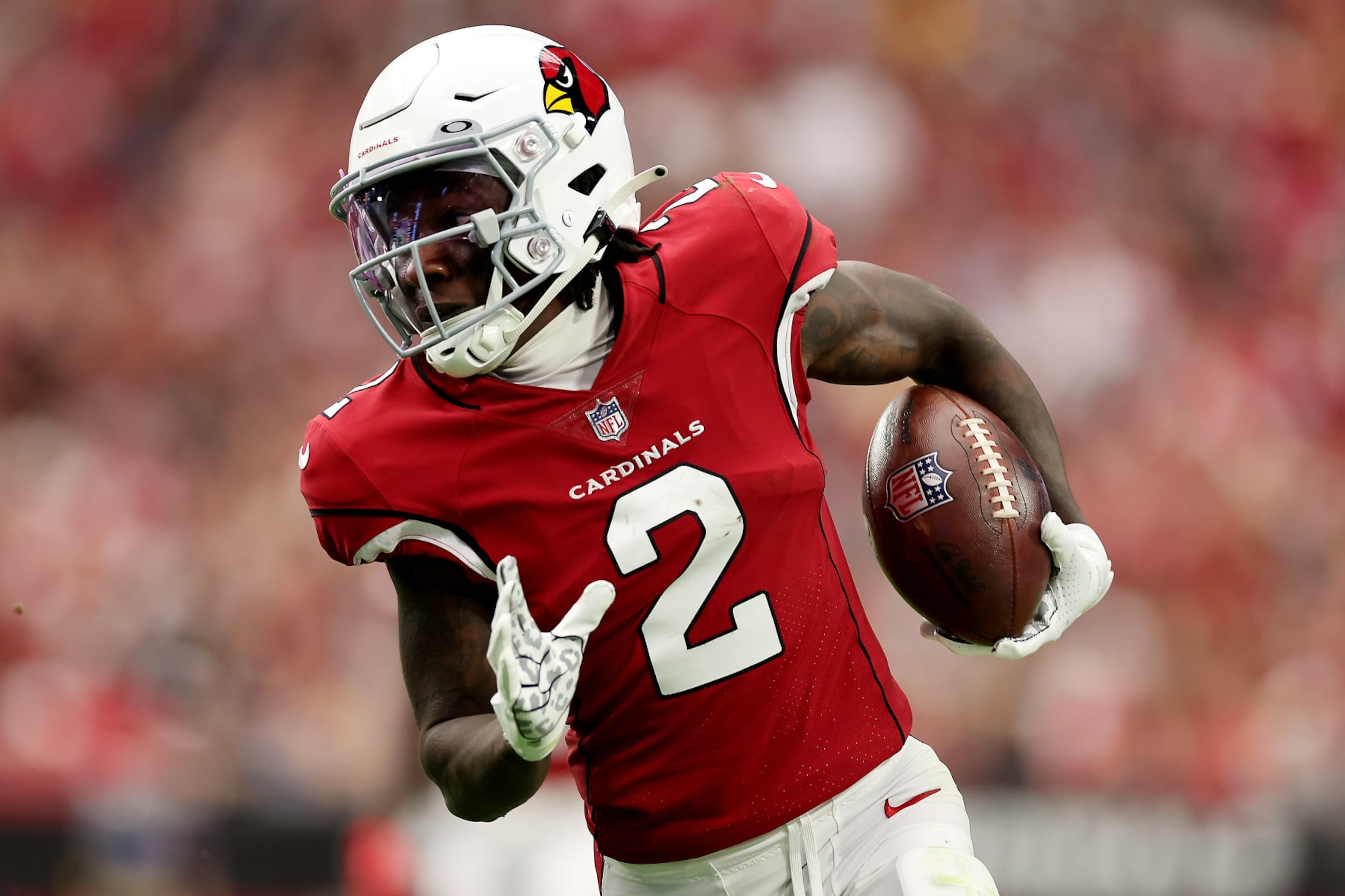 GLENDALE, ARIZONA - SEPTEMBER 25: Marquise Brown #2 of the Arizona Cardinals runs with the ball in the second quarter of the game against the Los Angeles Rams at State Farm Stadium on September 25, 2022 in Glendale, Arizona. (Photo by Christian Petersen/Getty Images)