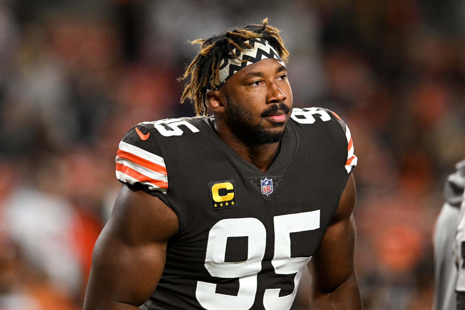 CLEVELAND, OH - SEPTEMBER 22: Myles Garrett #95 of the Cleveland Browns looks on prior to a game against the Pittsburgh Steelers at FirstEnergy Stadium on September 22, 2022 in Cleveland, Ohio. (Photo by Nick Cammett/Diamond Images via Getty Images)