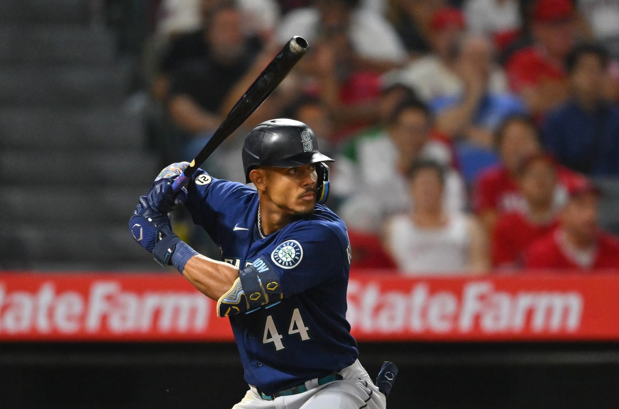 ANAHEIM, CA - SEPTEMBER 16: Julio Rodriguez #44 of the Seattle Mariners at bat during the game against the Los Angeles Angels at Angel Stadium of Anaheim on September 16, 2022 in Anaheim, California. (Photo by Jayne Kamin-Oncea/Getty Images)