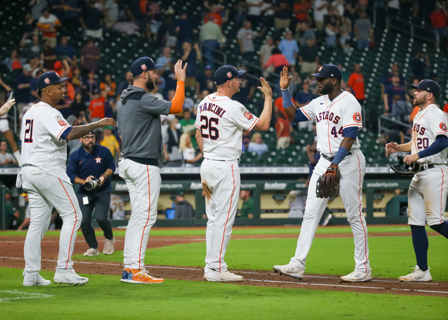 HOUSTON, TX - SEPTEMBER 15: Houston Astros players congratulate Houston Astros left fielder Yordan Alvarez (44) and  Houston Astros center fielder Chas McCormick (20) after winning 5-2 during the MLB game between the Oakland Athletics and Houston Astros on September 15, 2022 at Minute Maid Park in Houston, Texas.  (Photo by Leslie Plaza Johnson/Icon Sportswire via Getty Images)