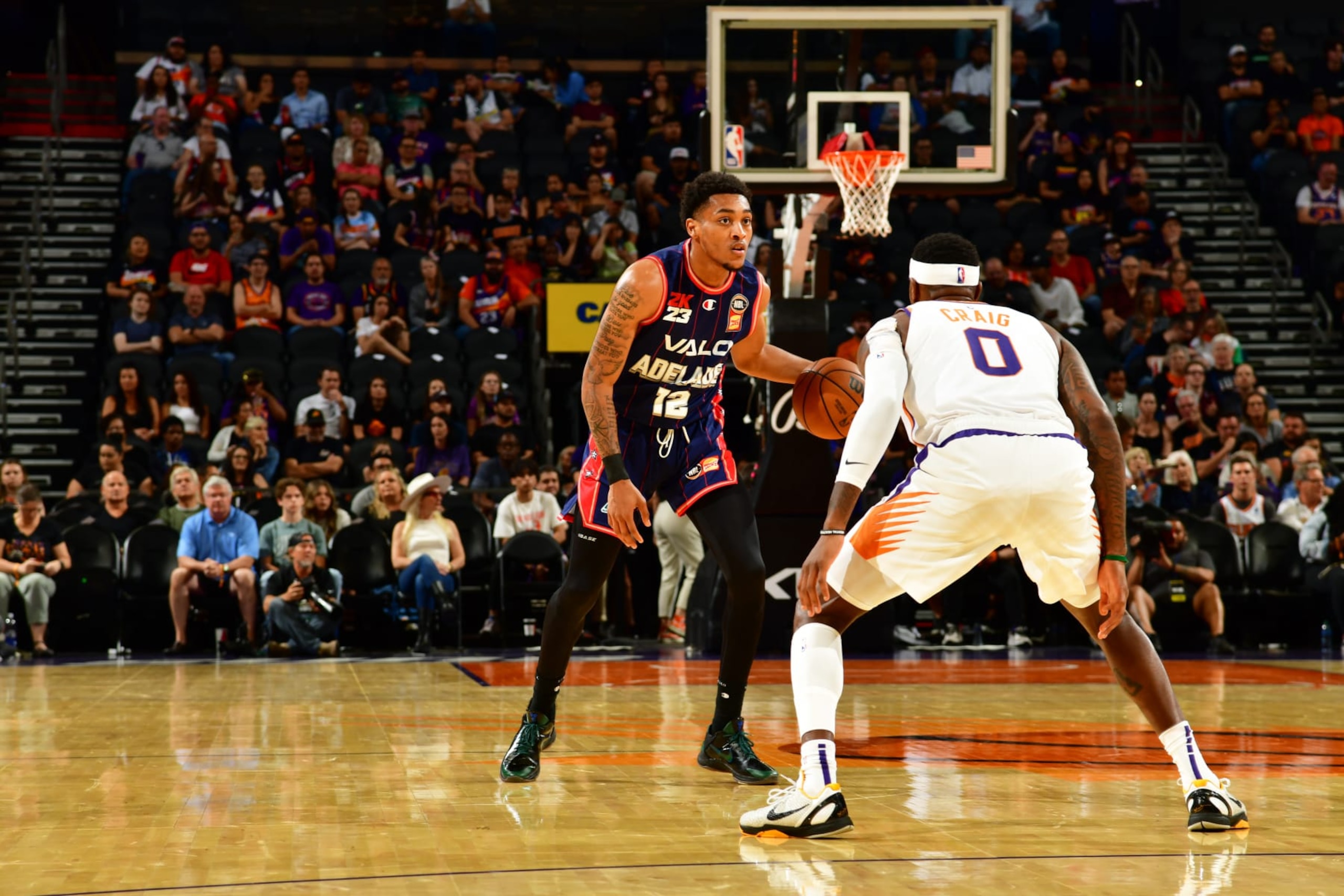 PHOENIX, AZ - OCTOBER 2: Craig Randall II #12 of the Adelaide 36ers handles the ball during the game against the Phoenix Suns on October 8, 2022 at Footprint Center in Phoenix, Arizona. NOTE TO USER: User expressly acknowledges and agrees that, by downloading and or using this photograph, user is consenting to the terms and conditions of the Getty Images License Agreement. Mandatory Copyright Notice: Copyright 2022 NBAE (Photo by Kate Frese/NBAE via Getty Images)