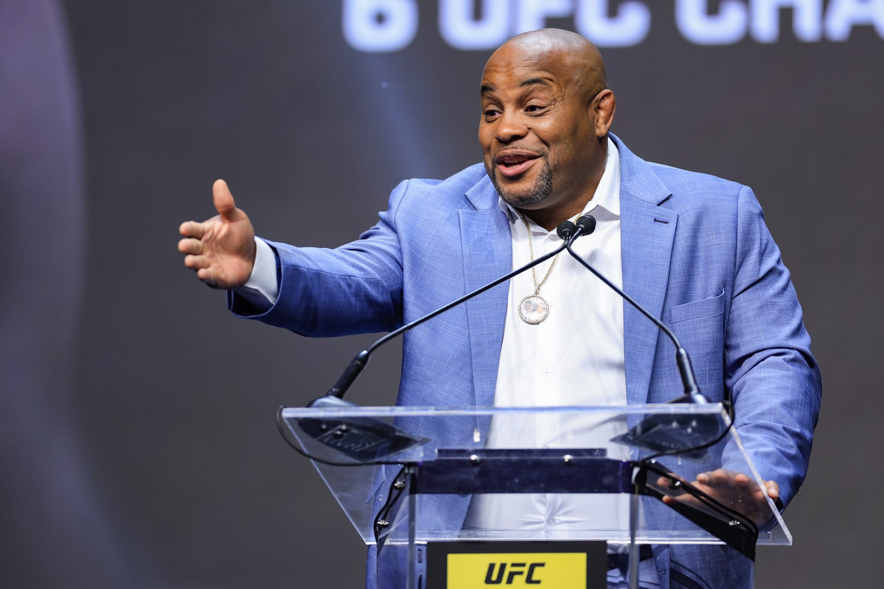 LAS VEGAS, NEVADA - JUNE 30: Daniel Cormier speaks during the UFC Hall of Fame induction ceremony at T-Mobile Arena on June 30, 2022 in Las Vegas, Nevada. (Photo by Carmen Mandato/Getty Images)