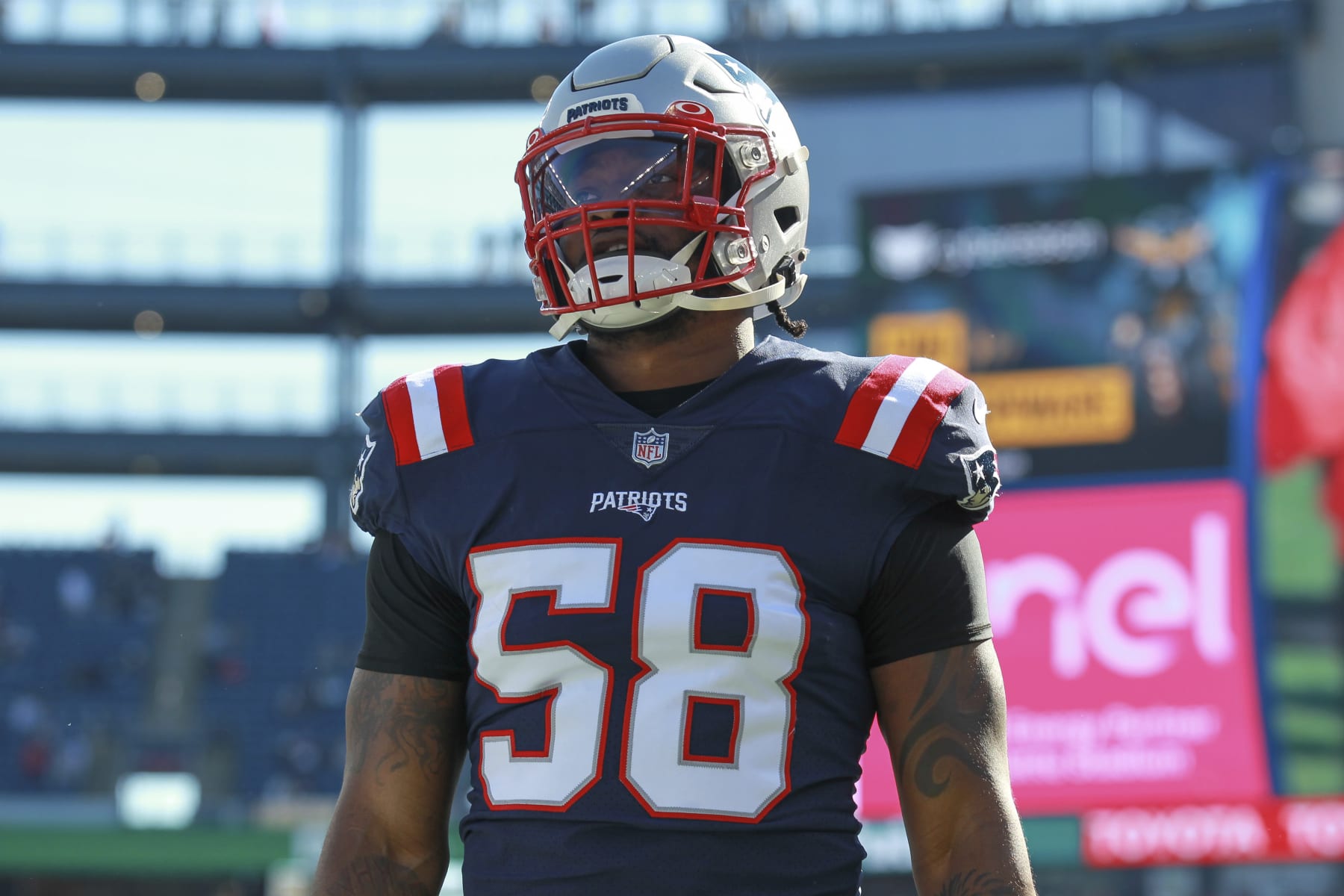 New England Patriots linebacker Jamie Collins Sr. (58)warms up prior to an NFL football game against the New York Jets, Sunday, Oct. 24, 2021, in Foxborough, Mass. (AP Photo/Stew Milne)