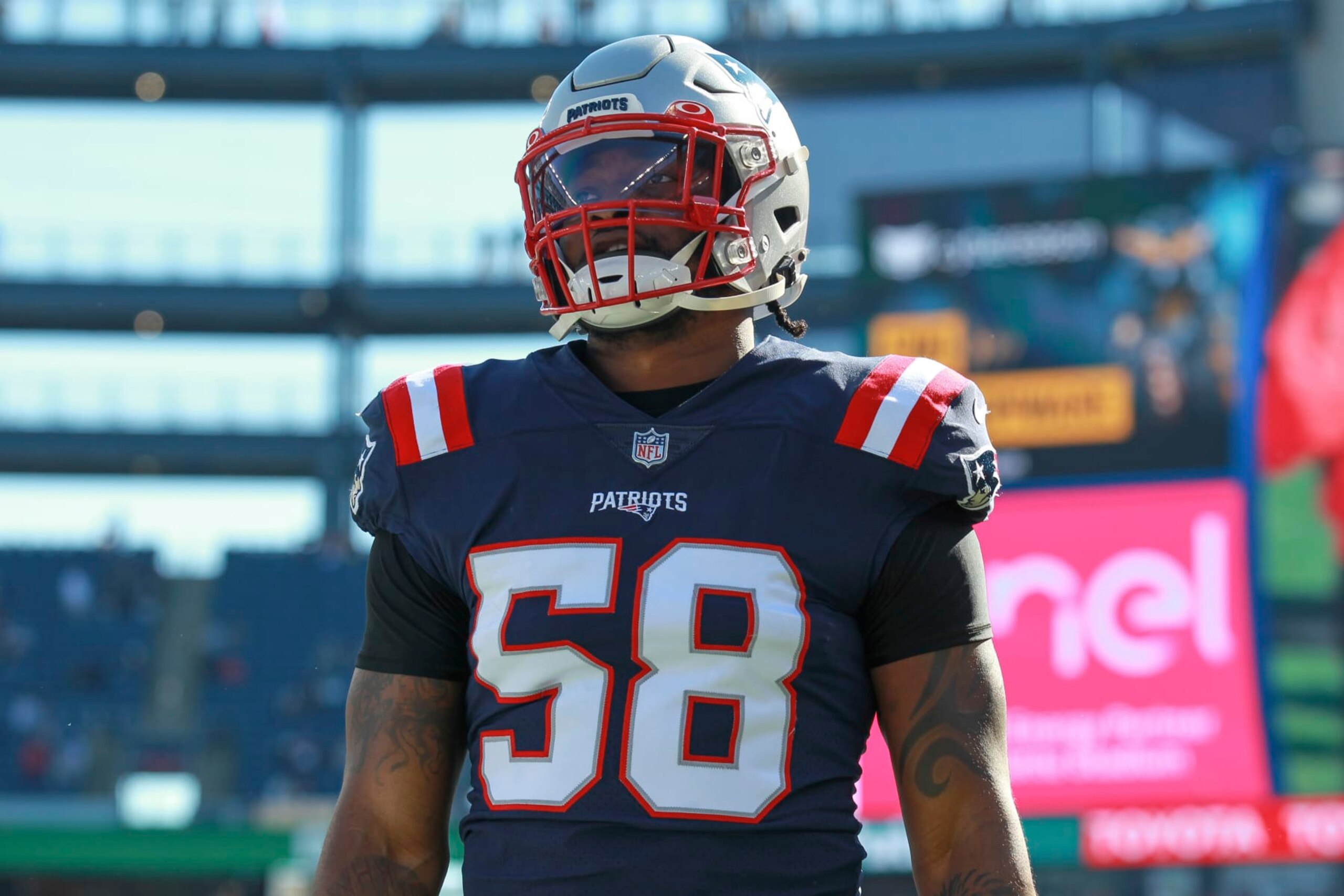 New England Patriots linebacker Jamie Collins Sr. (58)warms up prior to an NFL football game against the New York Jets, Sunday, Oct. 24, 2021, in Foxborough, Mass. (AP Photo/Stew Milne)